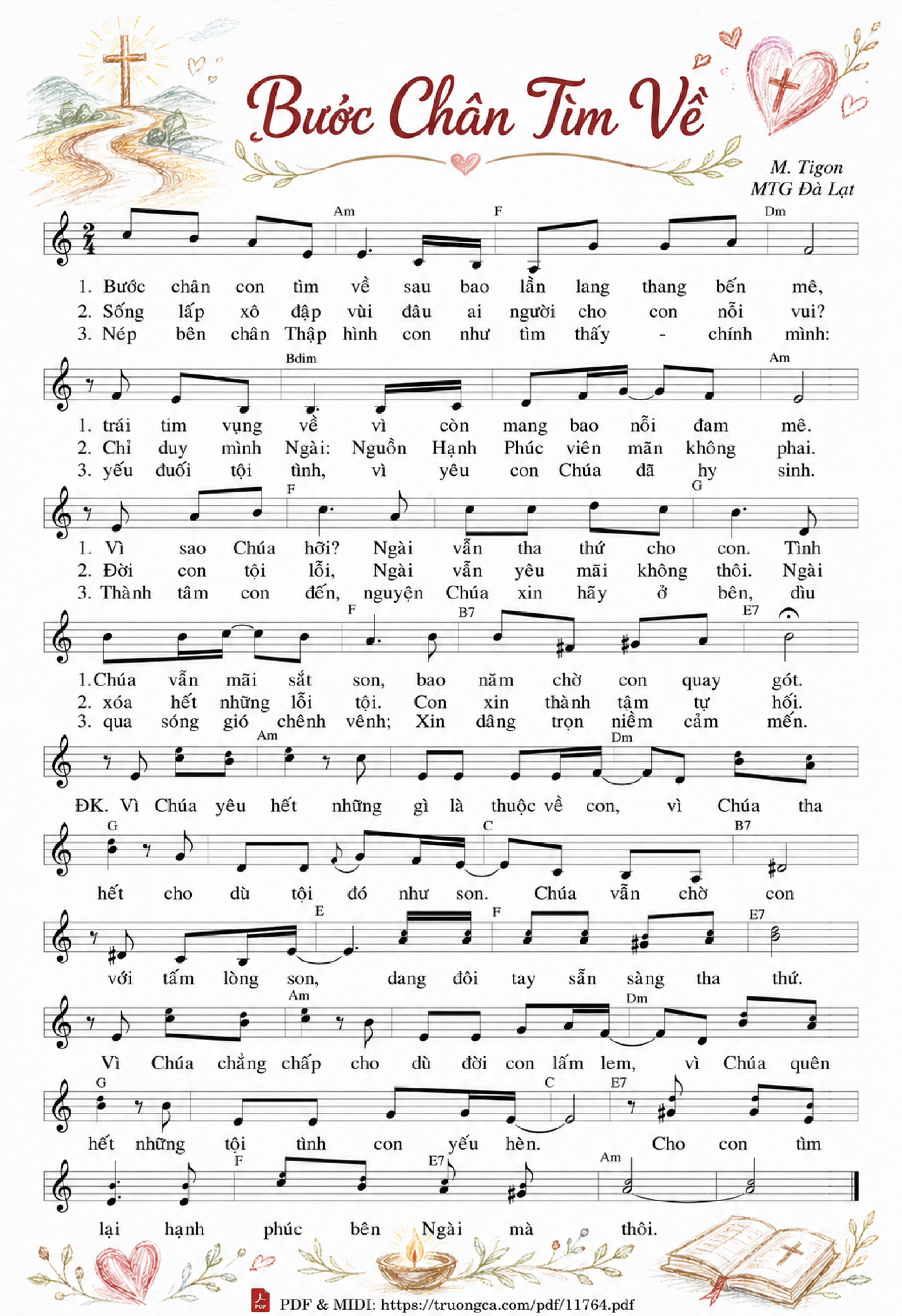 Page 1 of Sheet music PDF Bước Chân Tìm Về - M. Tigôn, Sheet có vẽ minh họa
