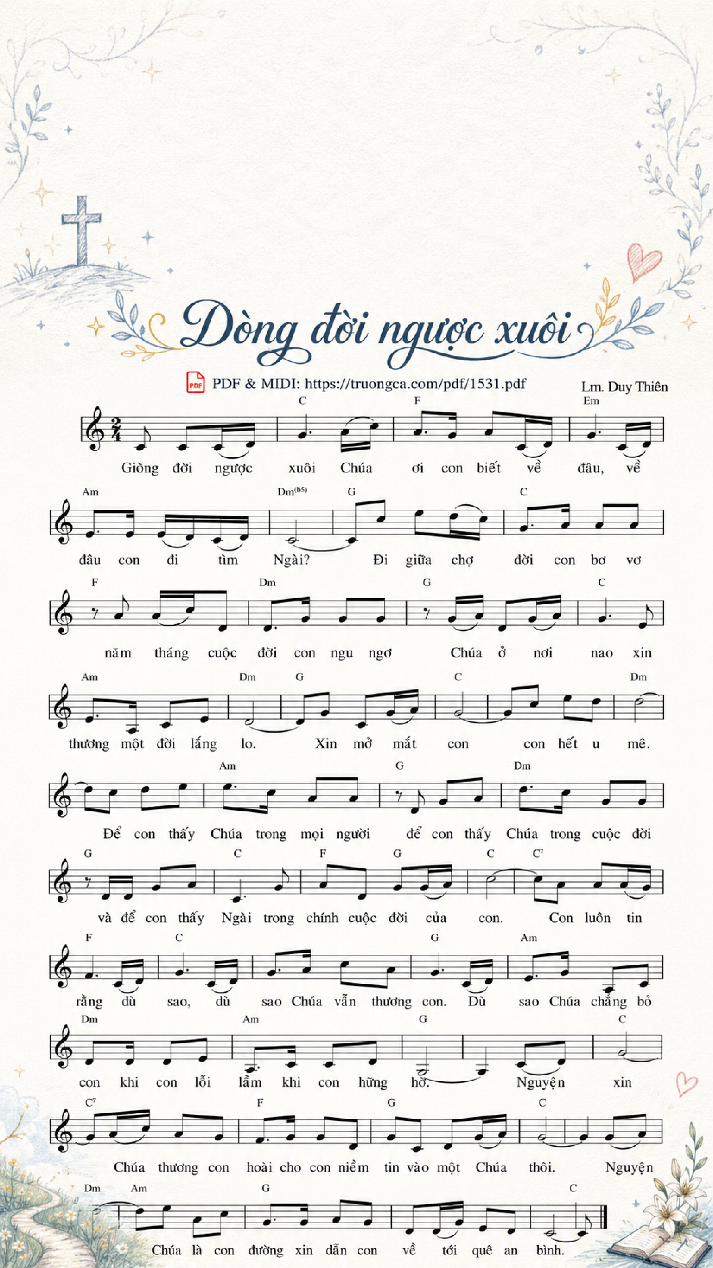 Page 1 of Sheet music PDF Dòng đời ngược xuôi - Lm. Duy Thiên, Sheet có vẽ minh họa