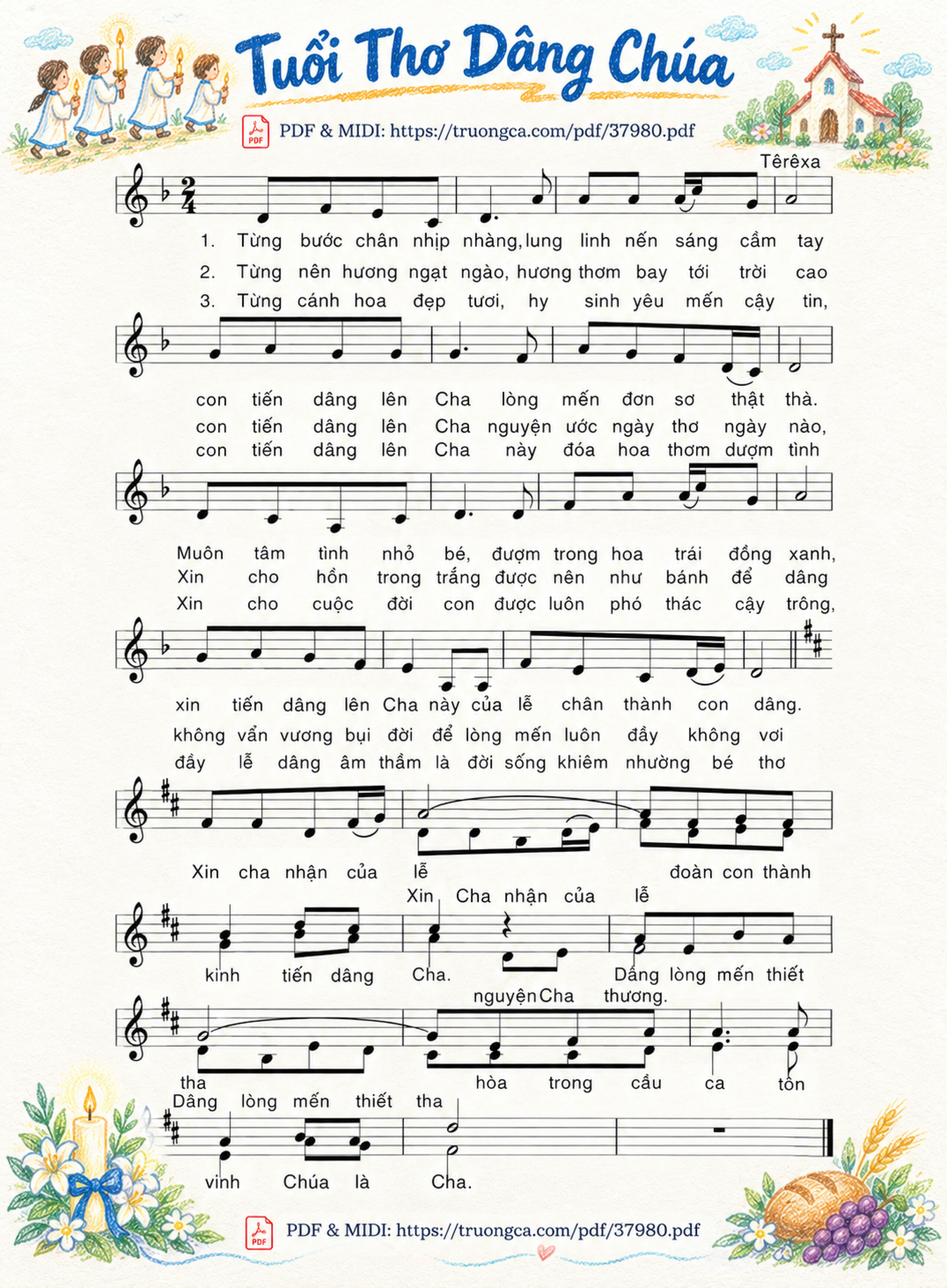 Page 1 of Sheet music PDF Tuổi Thơ Dâng Chúa - Têrêsa, Sheet có vẽ minh họa