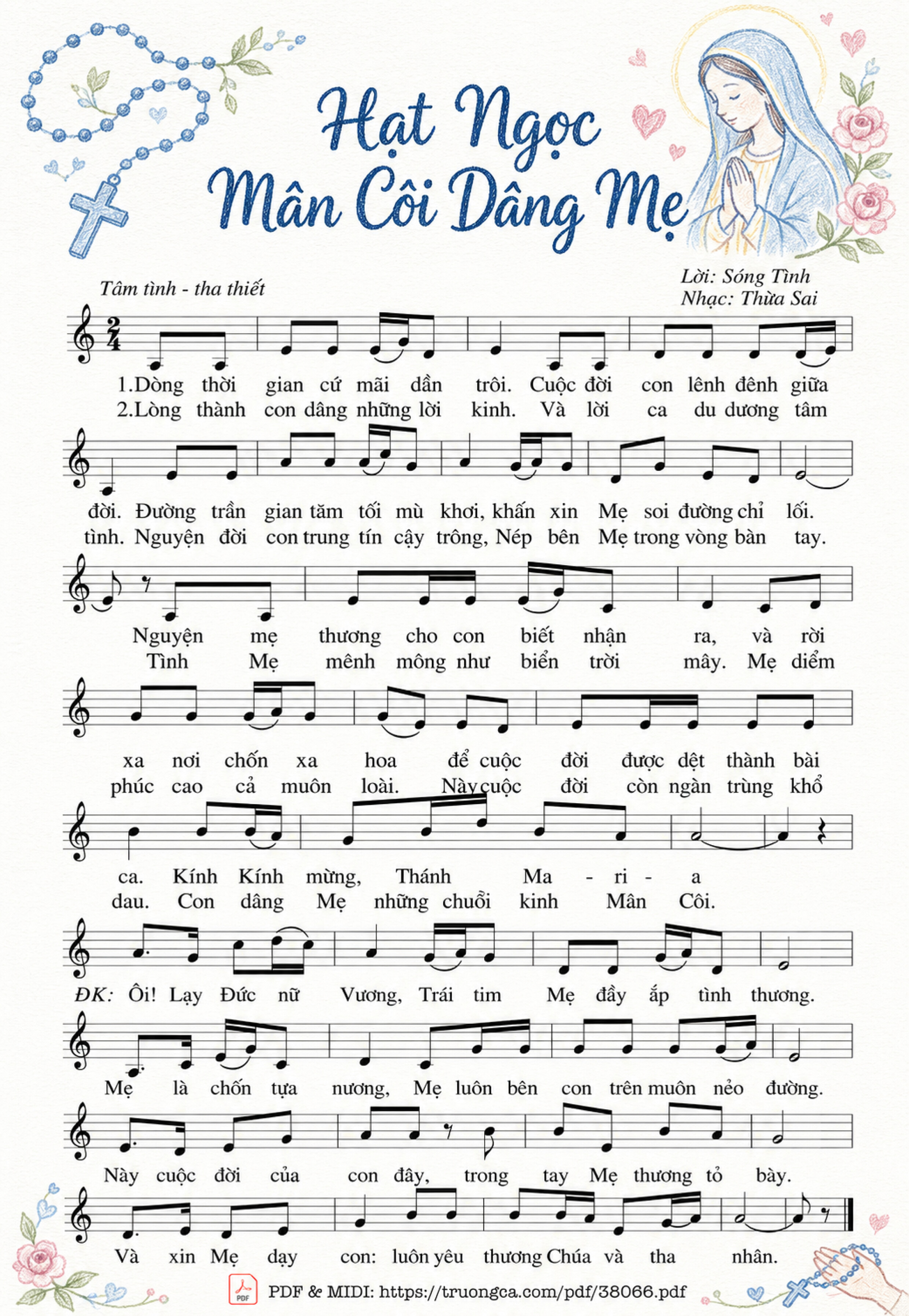Page 1 of Sheet music PDF Hạt Ngọc Mân Côi Dâng Mẹ - Thừa Sai - Sóng Tình, Sheet có vẽ minh họa