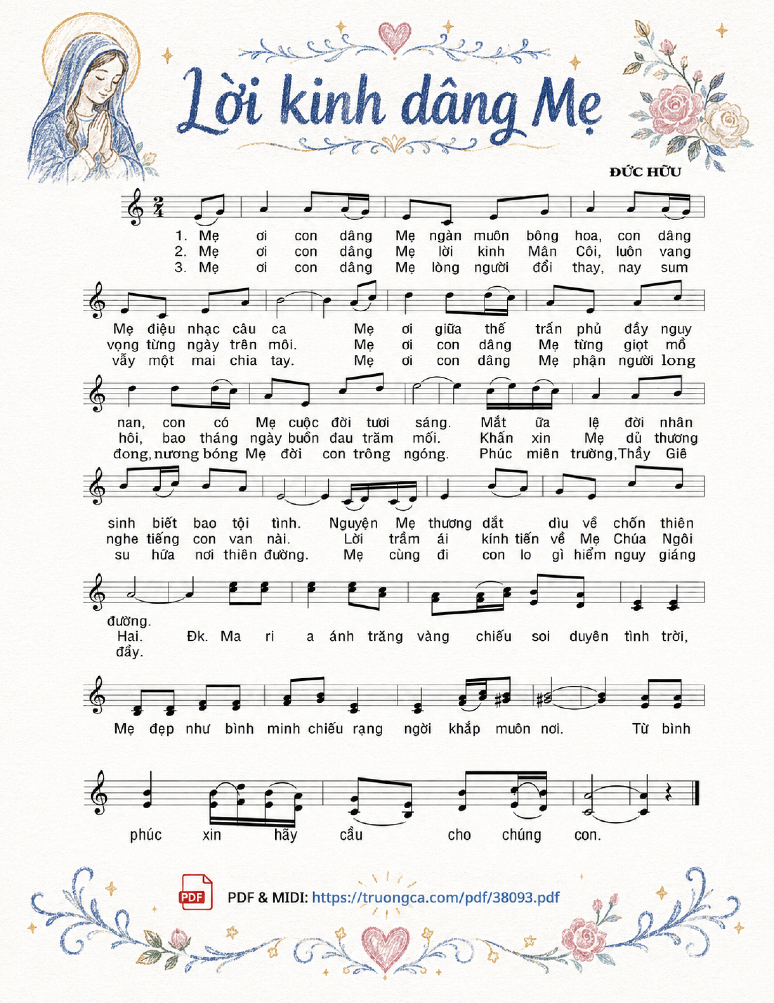 Page 1 of Sheet music PDF Lời kinh dâng Mẹ - Đức Hữu, Sheet có vẽ minh họa