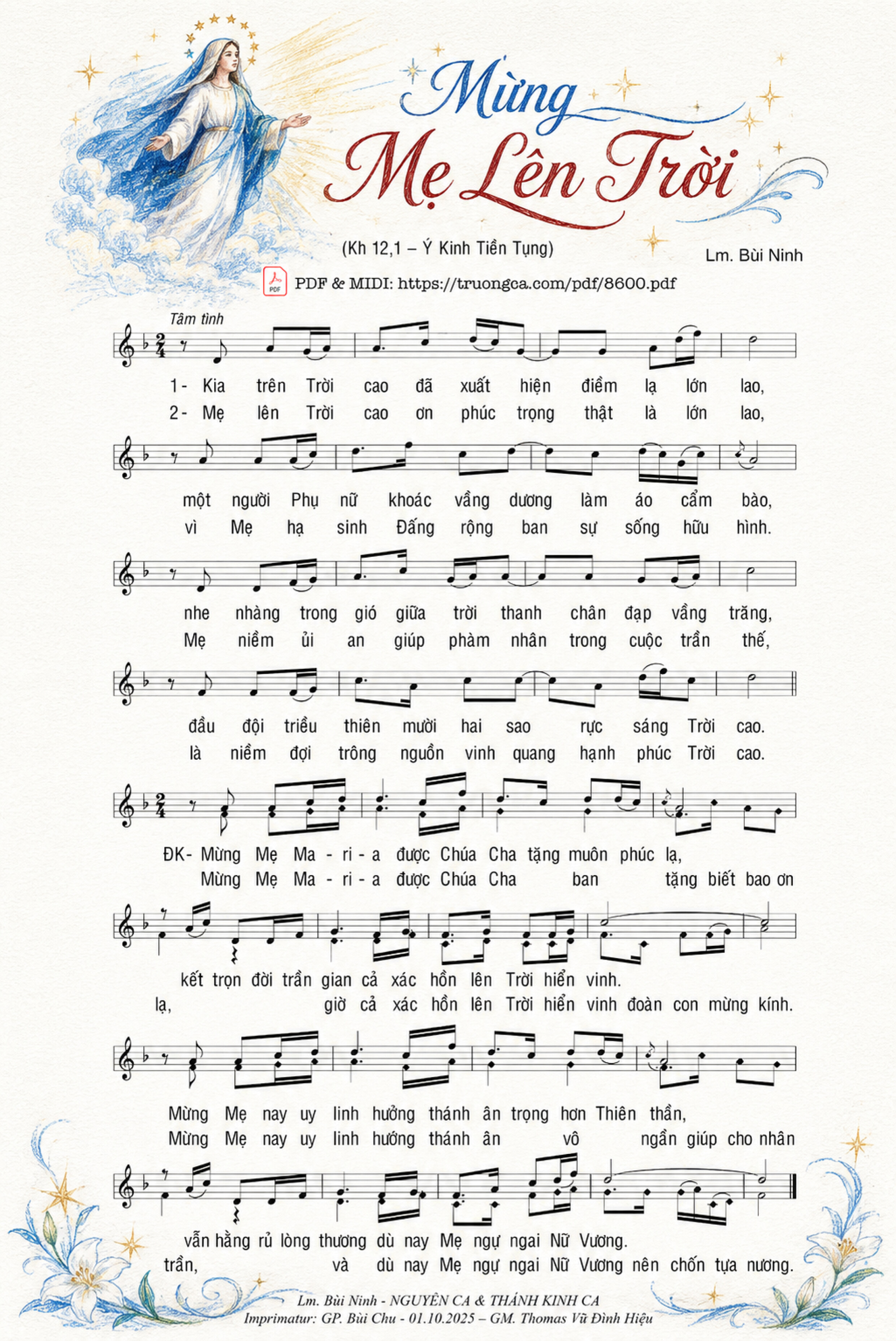 Page 1 of Sheet music PDF Mừng Mẹ Lên Trời - Bùi Ninh, Sheet có vẽ minh họa