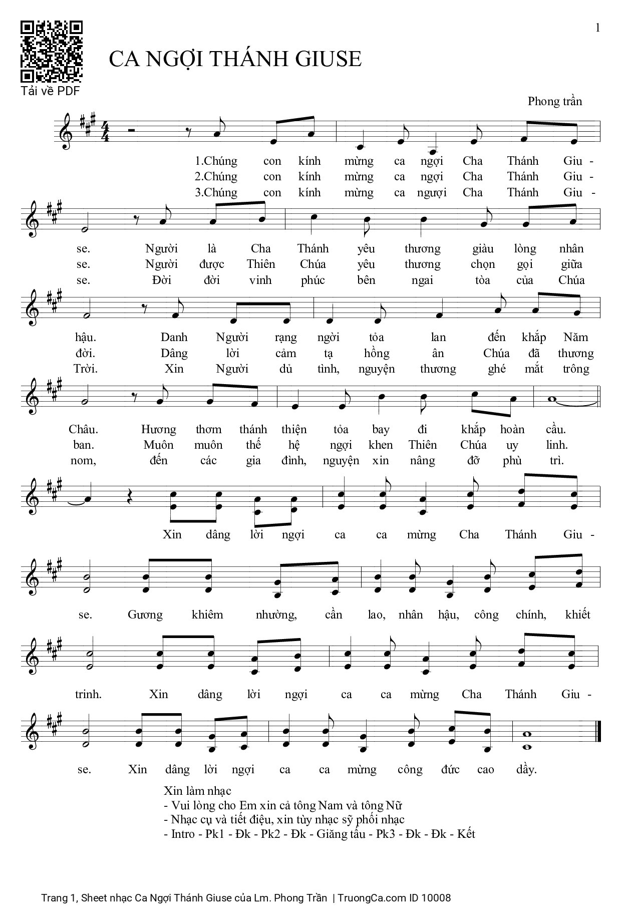 Page 1 of Sheet music PDF Ca Ngợi Thánh Giuse - Lm. Phong Trần