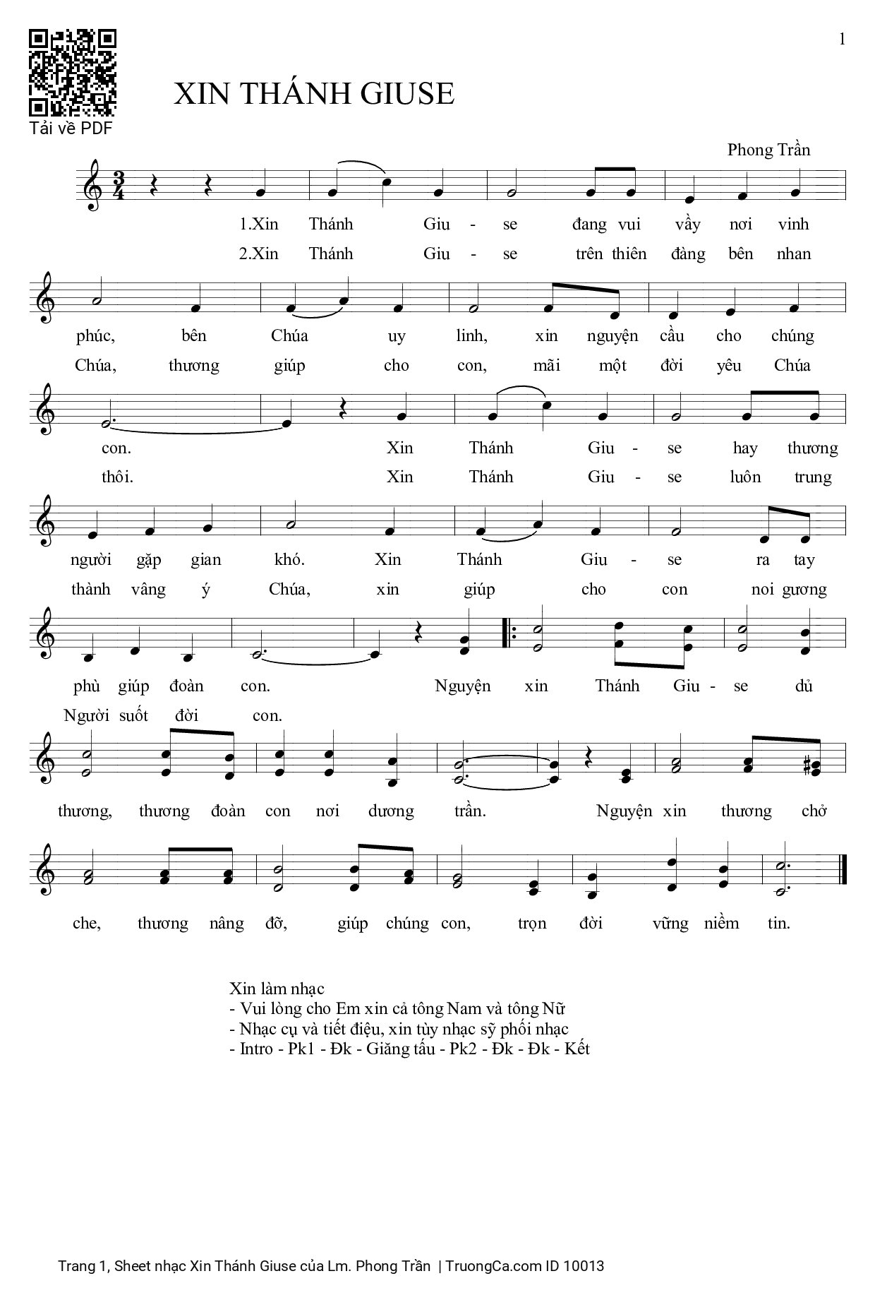 Page 1 of Sheet music PDF Xin Thánh Giuse - Lm. Phong Trần
