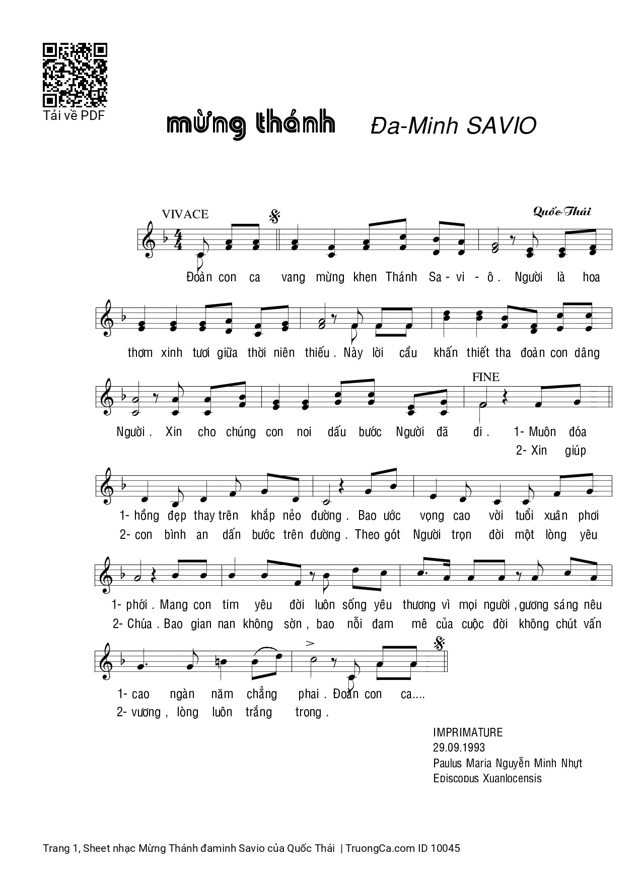 Sheet PDF of Mừng Thánh đaminh Savio