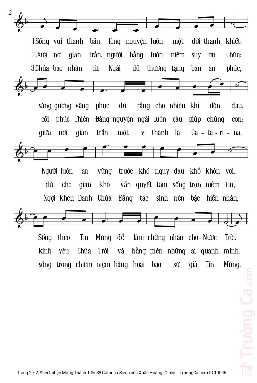 Page 2 of Sheet music PDF Mừng Thánh Tiến Sỹ Catarina Siena - Xuân Hoàng. O.cist