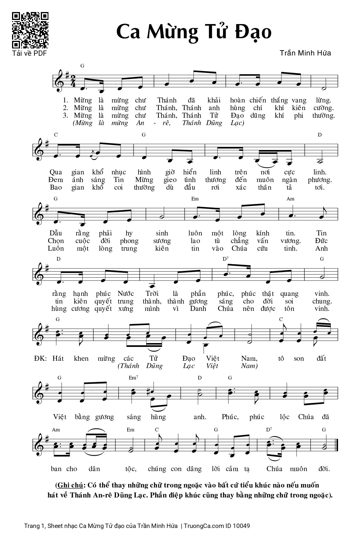 Page 1 of Sheet music PDF Ca Mừng Tử đạo - Trần Minh Hứa
