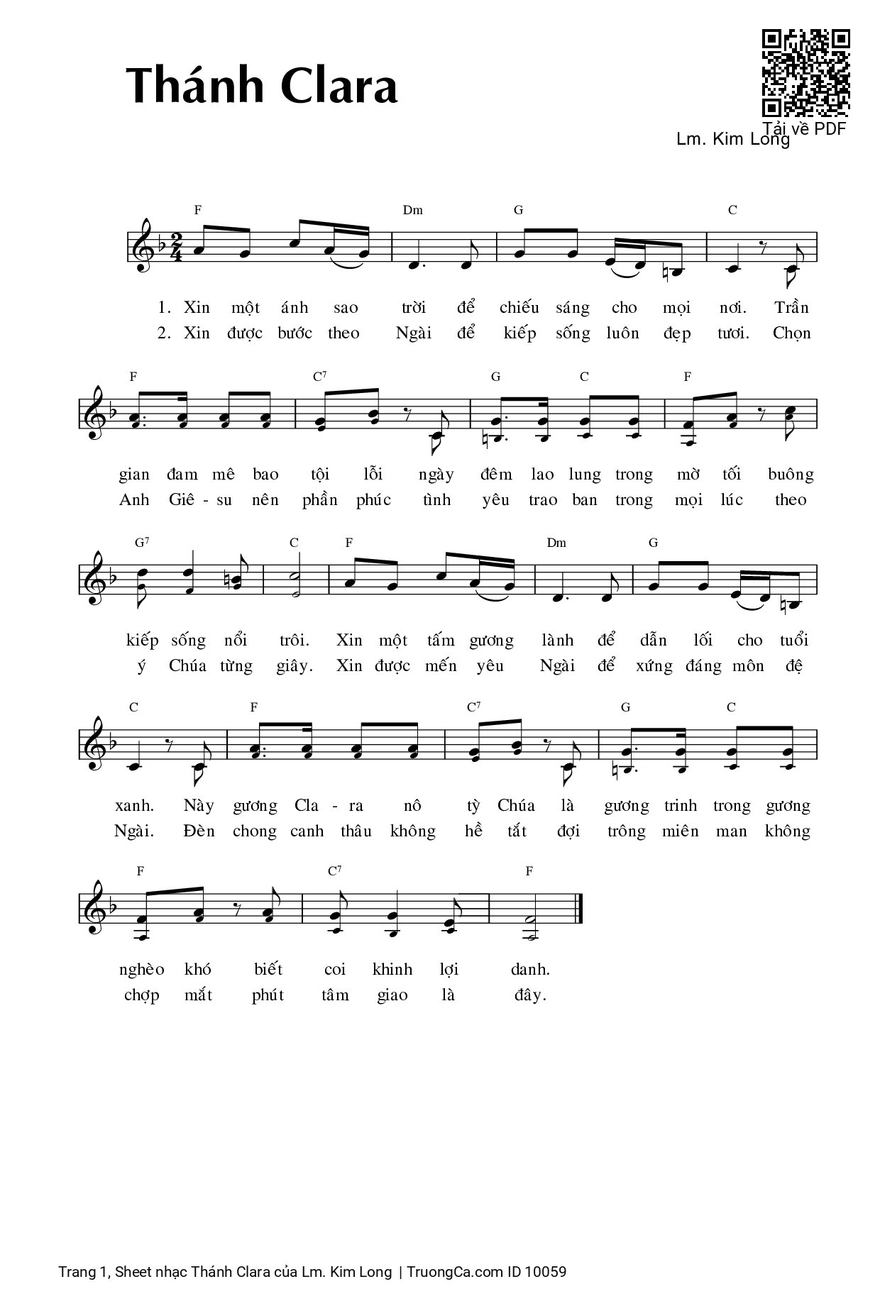 Page 1 of Sheet music PDF Thánh Clara - Lm. Kim Long