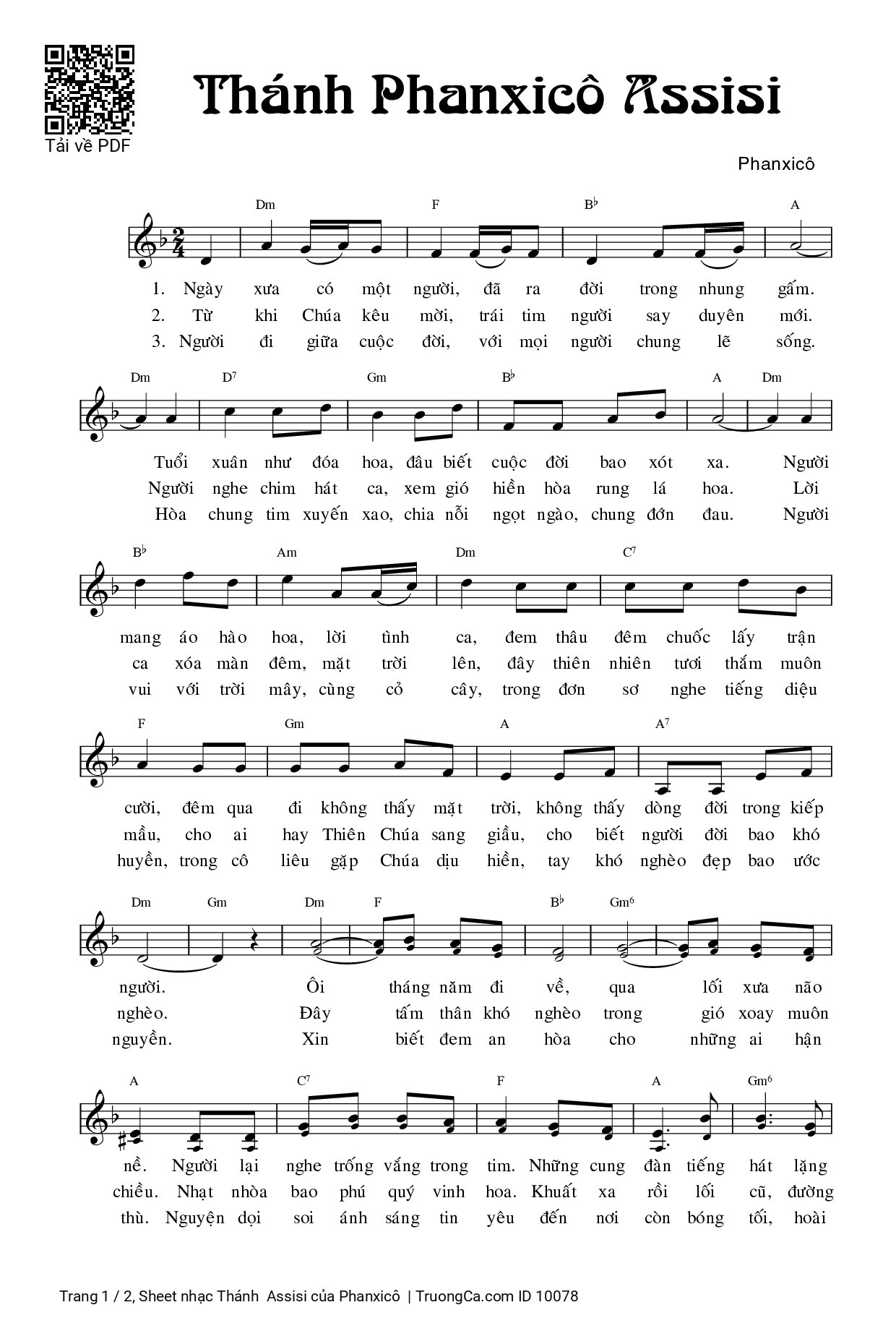 Page 1 of Sheet music PDF Thánh  Assisi - Phanxicô