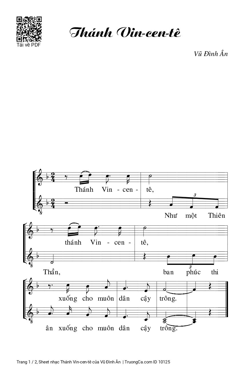 Page 1 of Sheet music PDF Thánh Vin-cen-tê - Vũ Đình Ân