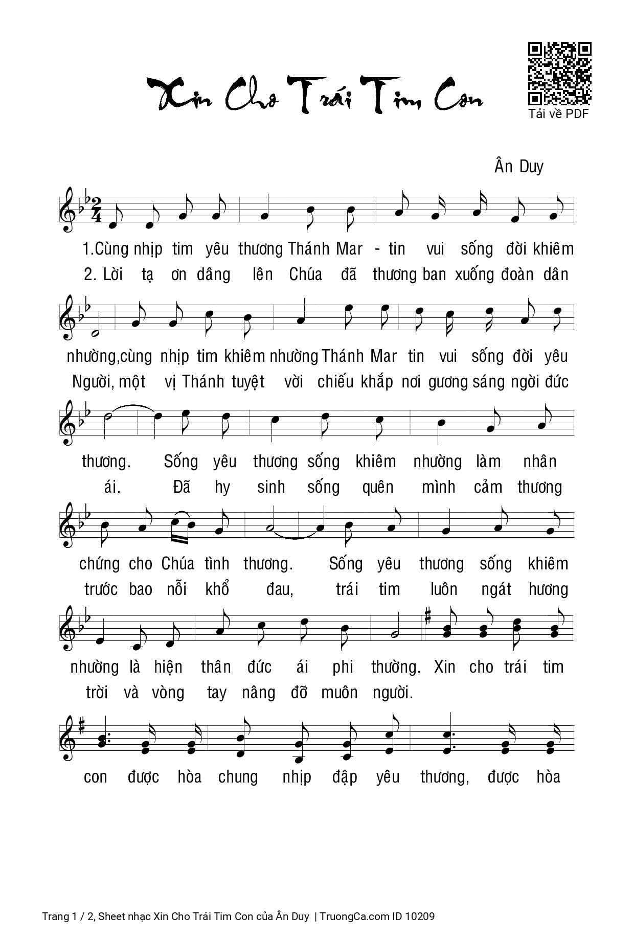Sheet PDF of Xin Cho Trái Tim Con