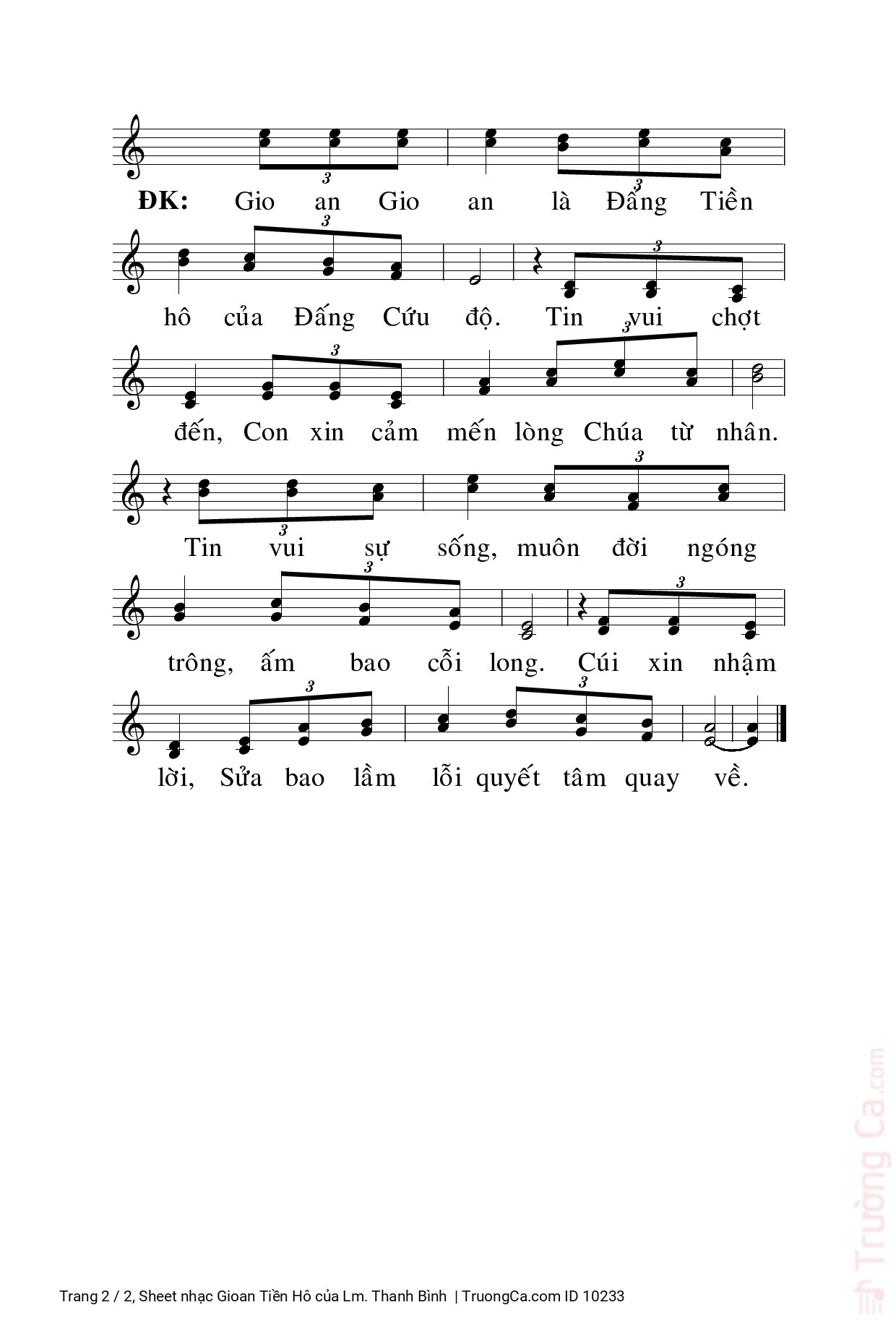 Page 2 of Sheet music PDF Gioan Tiền Hô - Lm. Thanh Bình