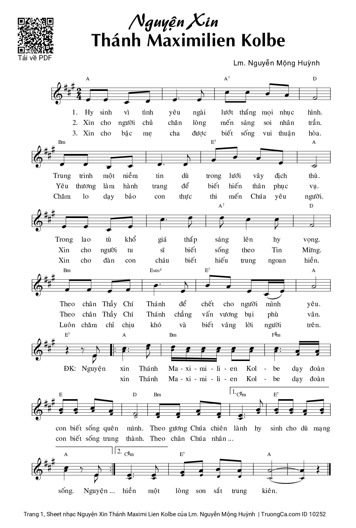Page 1 of Sheet music PDF Nguyện Xin Thánh Maximi Lien Kolbe - Lm. Nguyễn Mộng Huỳnh