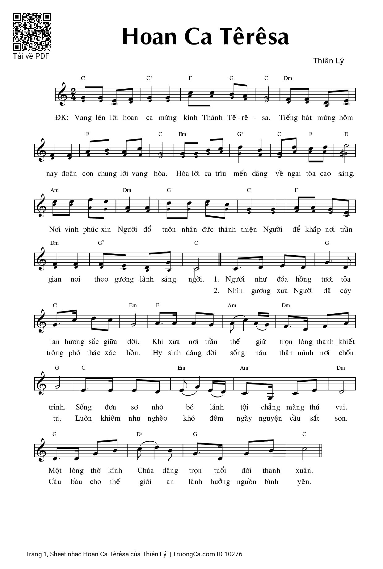 Page 1 of Sheet music PDF Hoan Ca Têrêsa - Thiên Lý