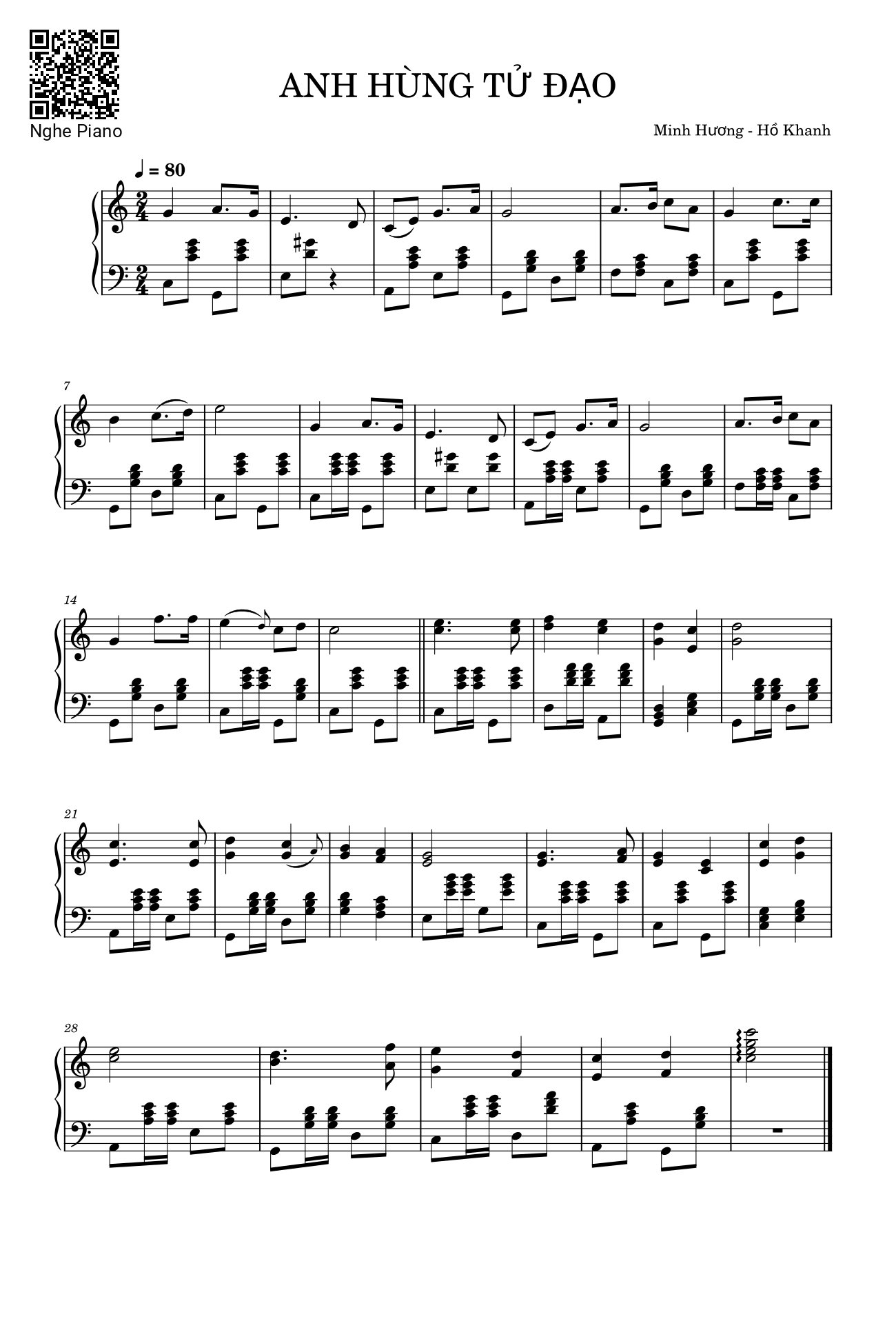 Page 1 of Sheet music PDF Anh Hùng Tử đạo Sheet Piano solo - Hồ  Khanh & Minh Hương
