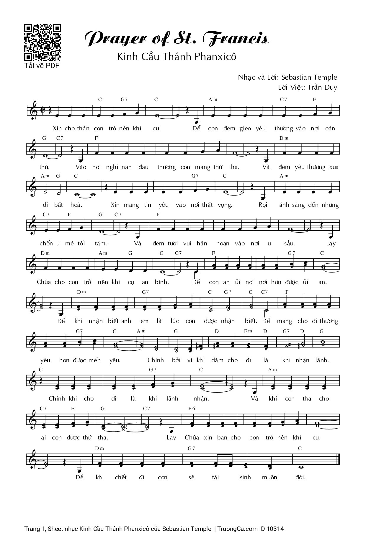 Sheet PDF of Kinh Cầu Thánh Phanxicô
