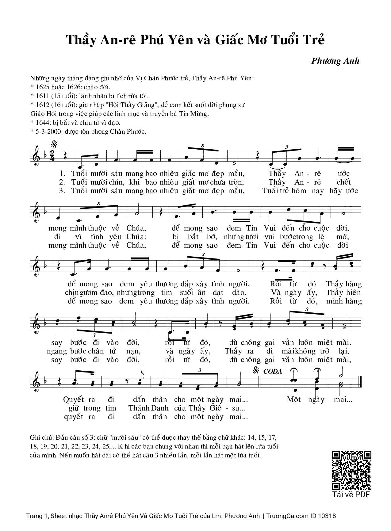 Sheet PDF of Thầy Anrê Phú Yên Và Giấc Mơ Tuổi Trẻ