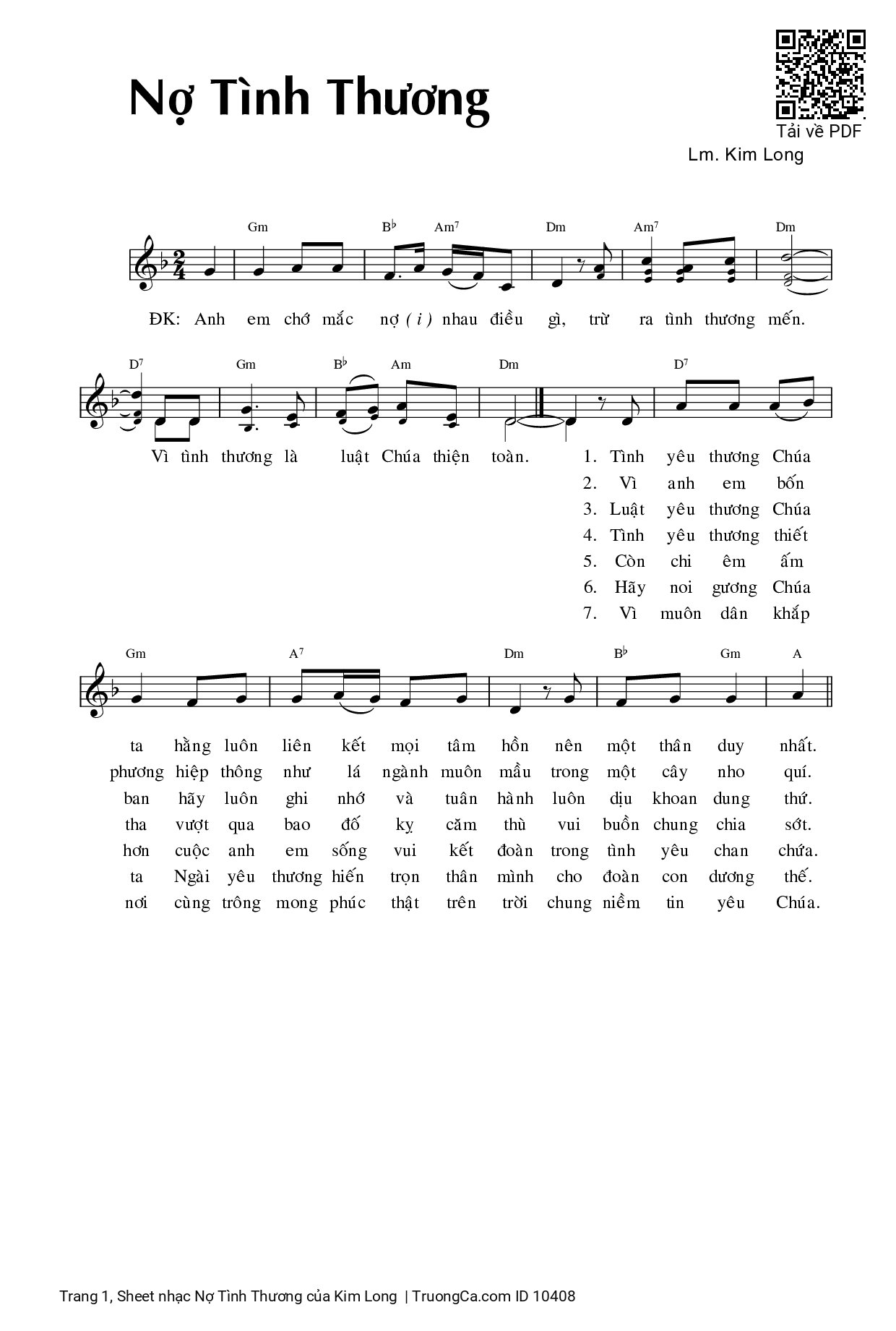 Page 1 of Sheet music PDF Nợ Tình Thương - Kim Long