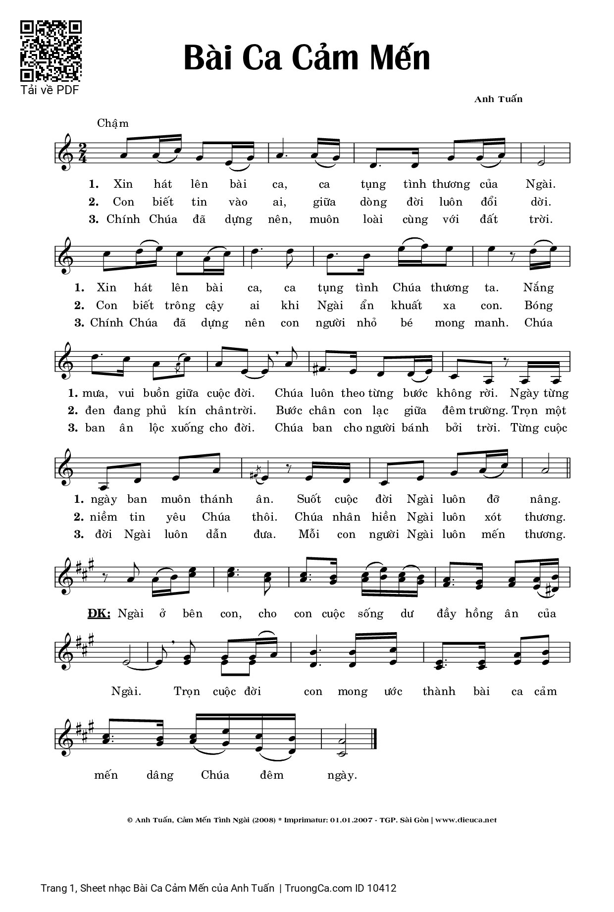 Sheet PDF of Bài Ca Cảm Mến