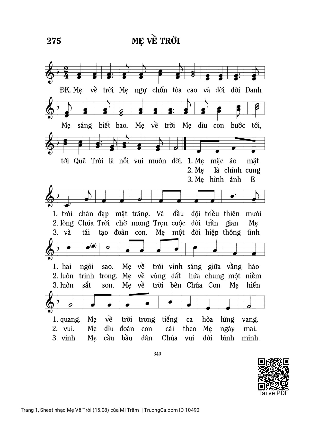 Page 1 of Sheet music PDF Mẹ Về Trời (15.08) - Mi Trầm