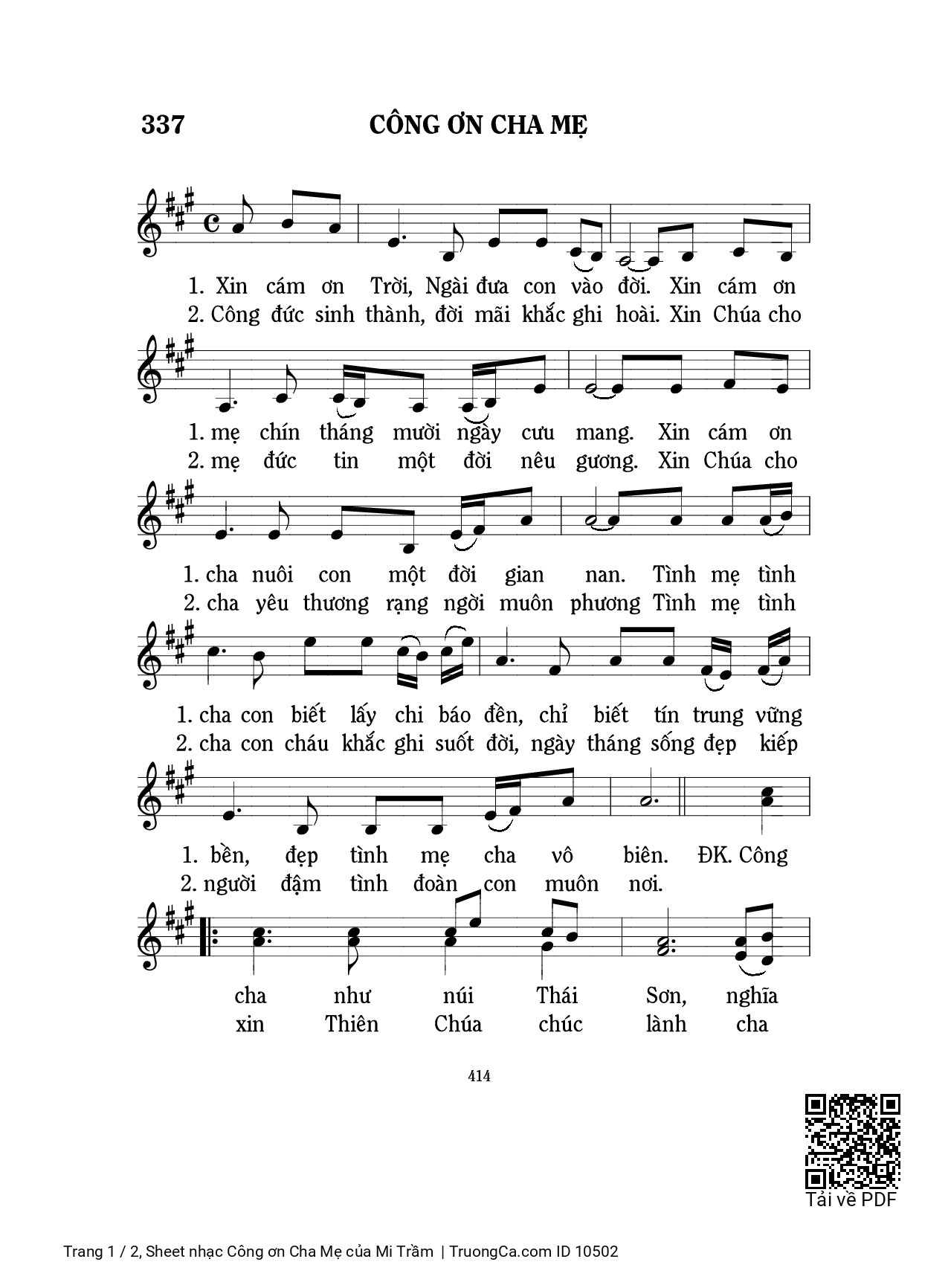 Sheet PDF of Công ơn Cha Mẹ