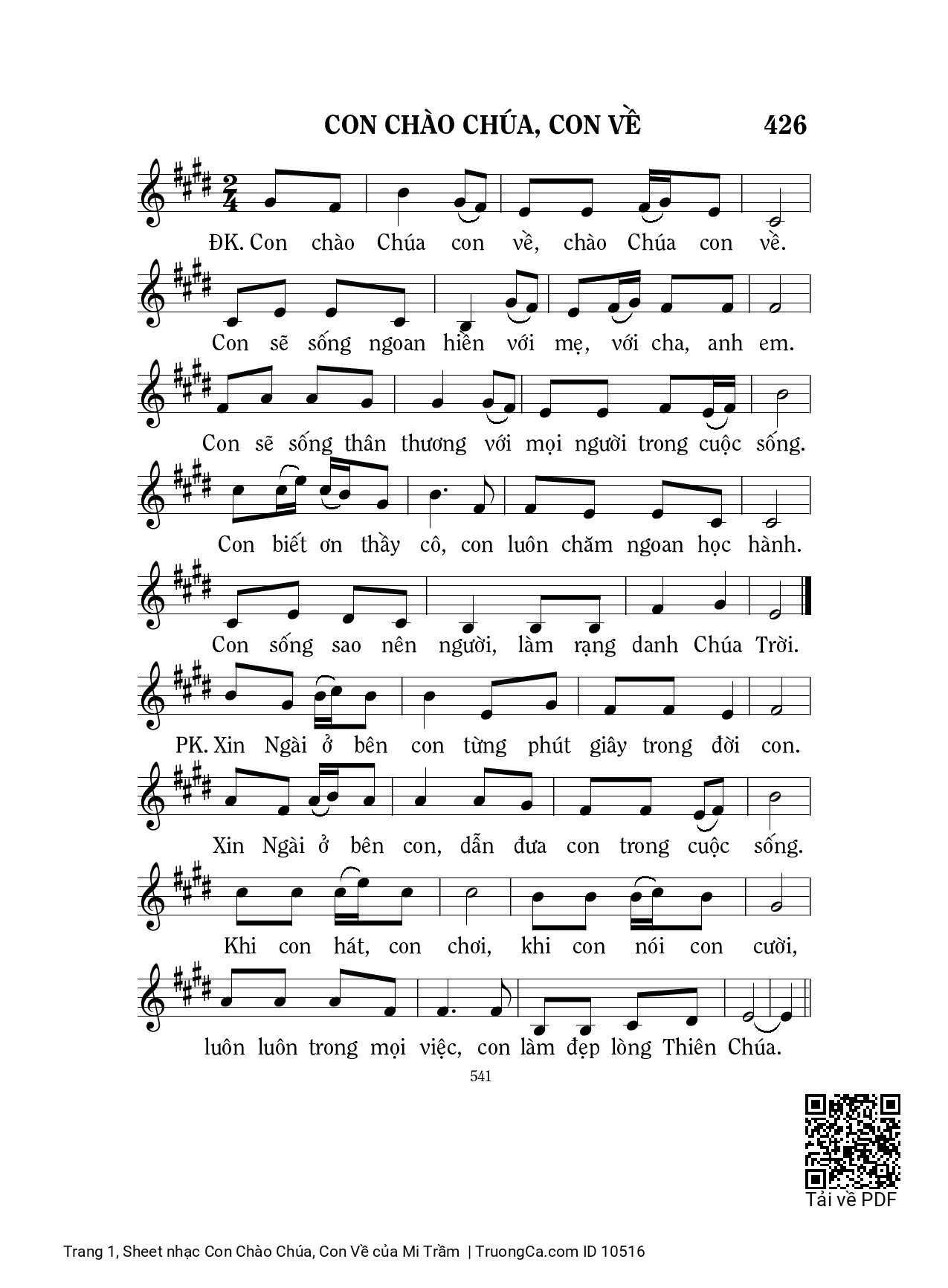 Sheet PDF of Con Chào Chúa, Con Về