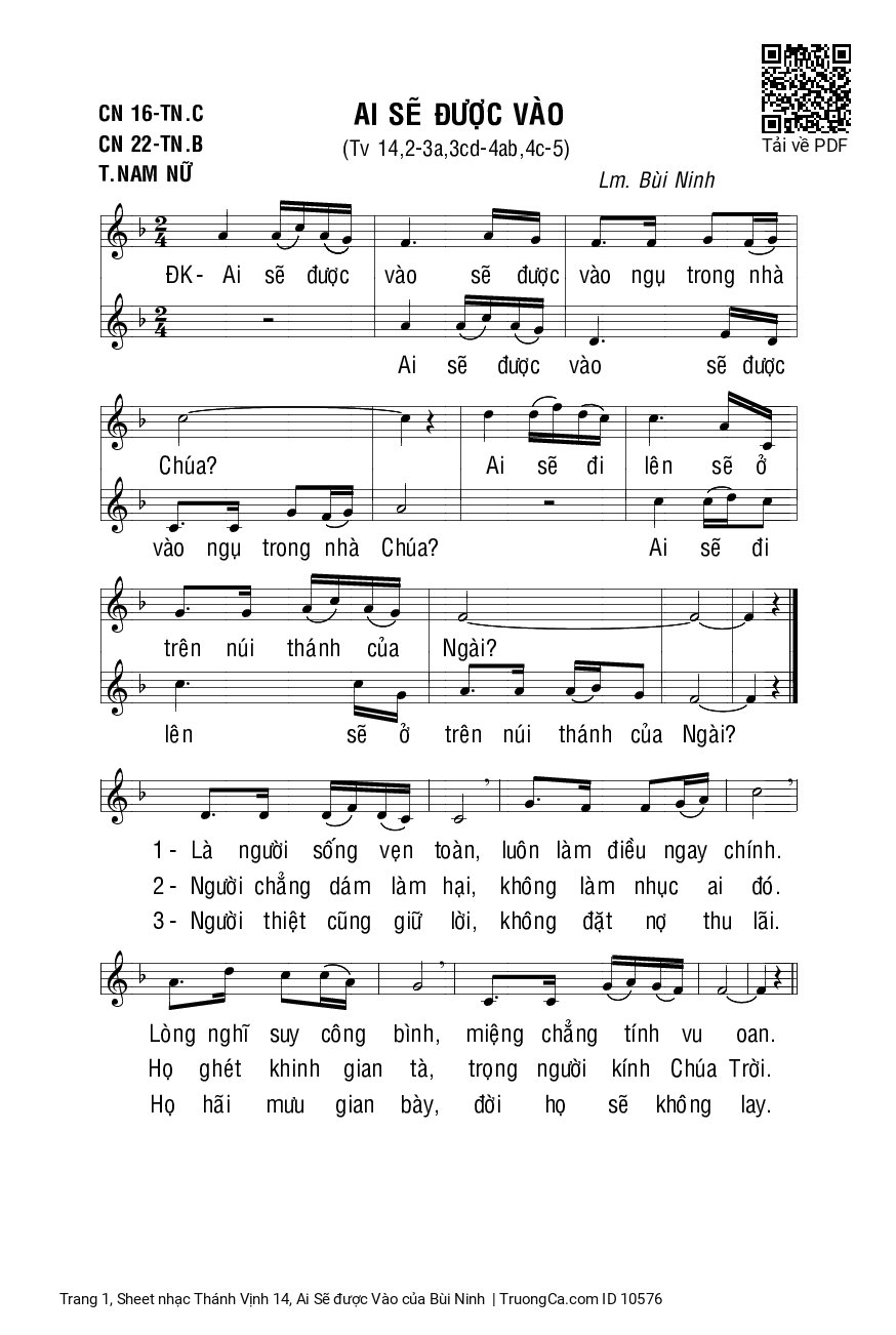 Page 1 of Sheet music PDF Thánh Vịnh 14, Ai Sẽ được Vào - Bùi Ninh
