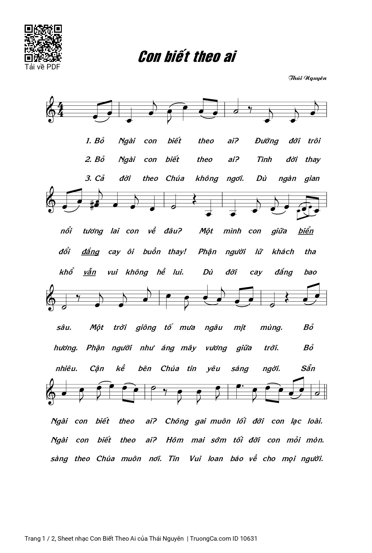 Page 1 of Sheet music PDF Con Biết Theo Ai - Thái Nguyên