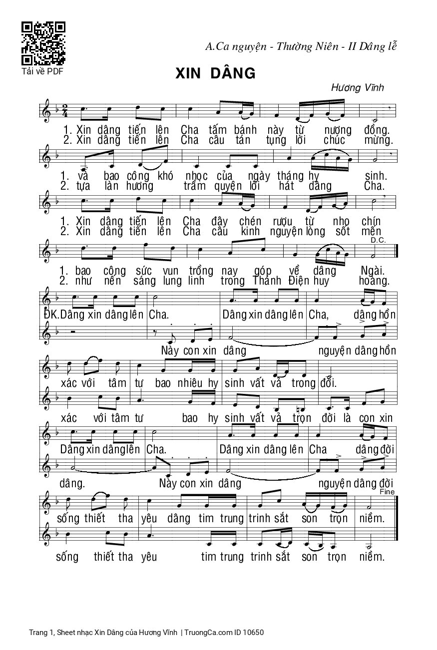 Page 1 of Sheet music PDF Xin Dâng - Hương Vĩnh