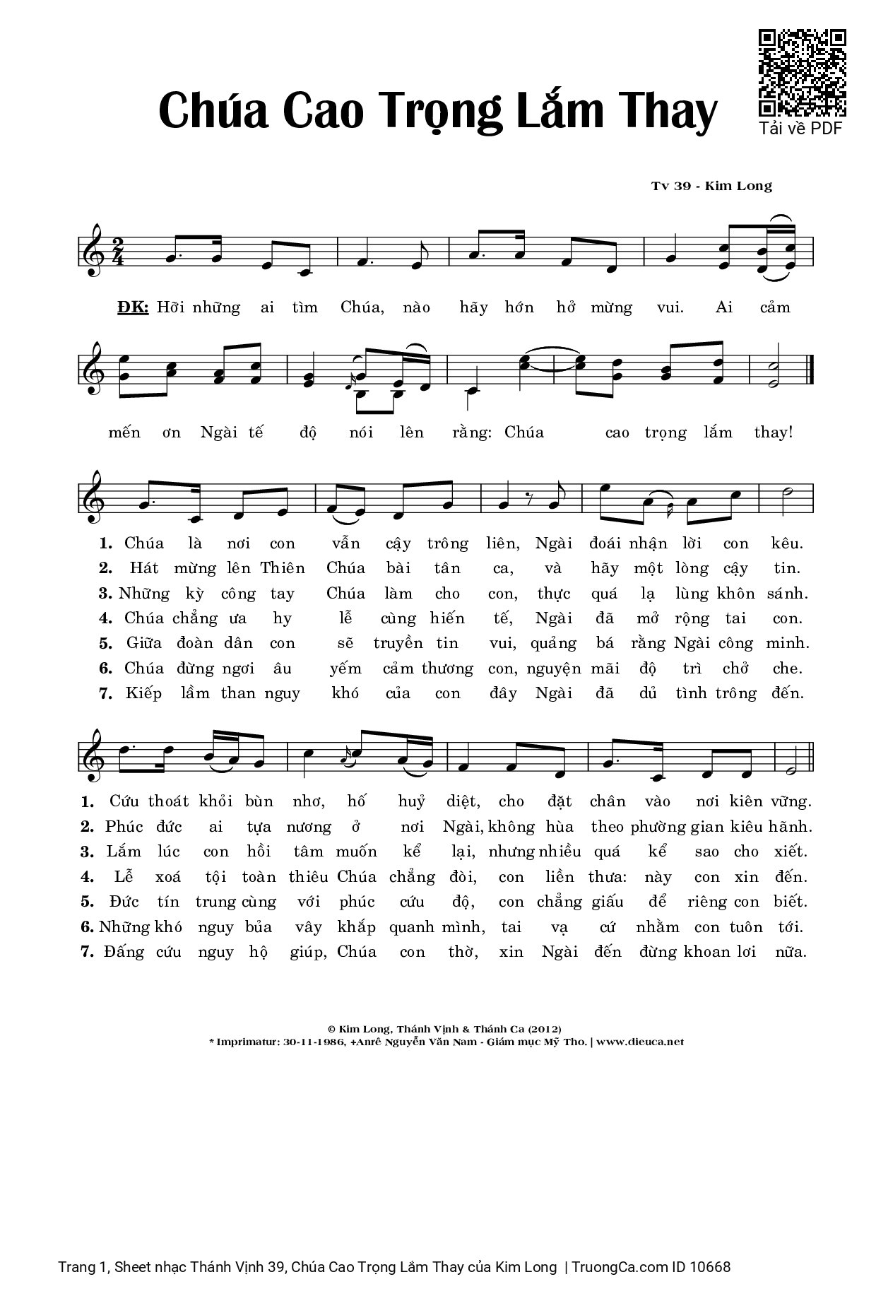 Sheet PDF of Thánh Vịnh 39, Chúa Cao Trọng Lắm Thay