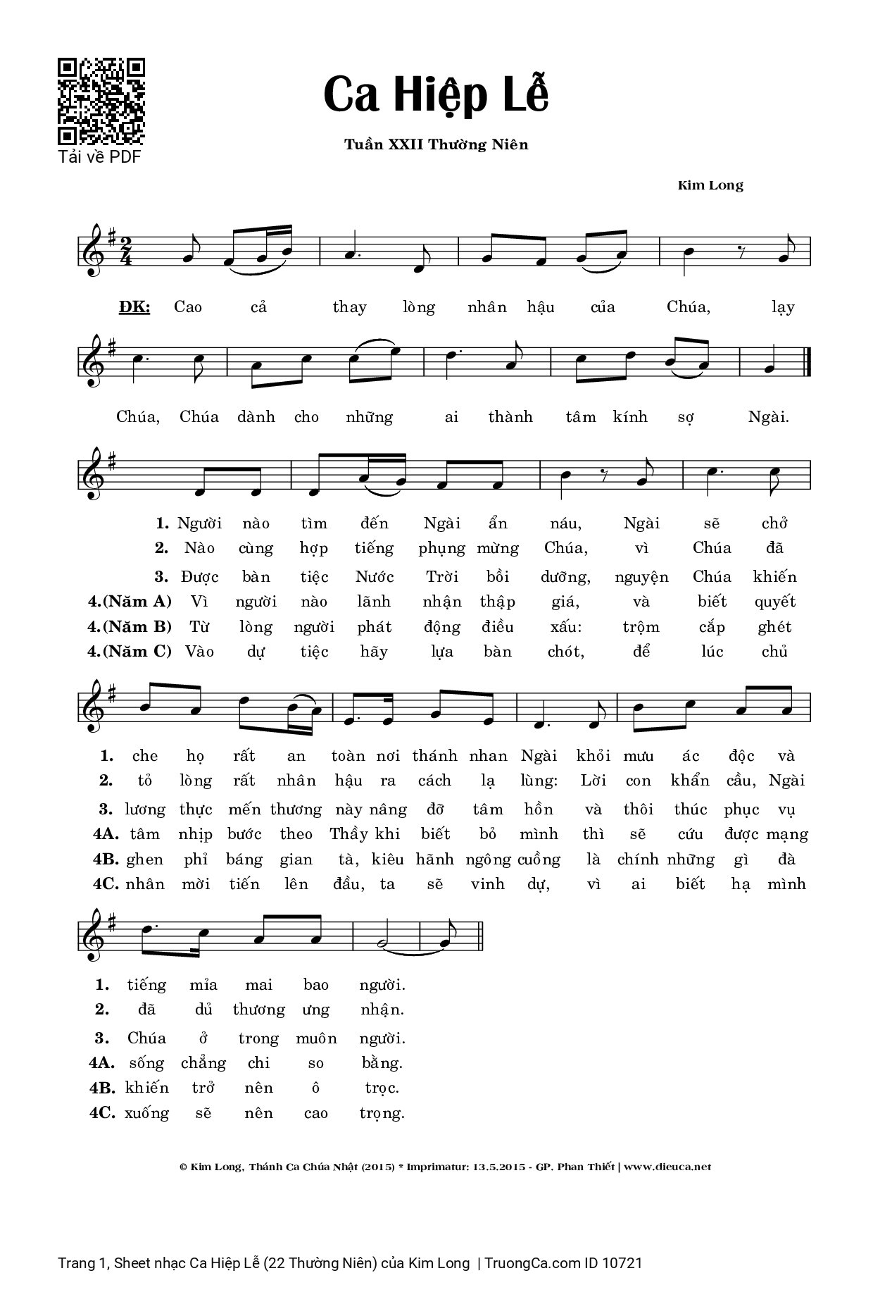 Page 1 of Sheet music PDF Ca Hiệp Lễ (22 Thường Niên) - Kim Long
