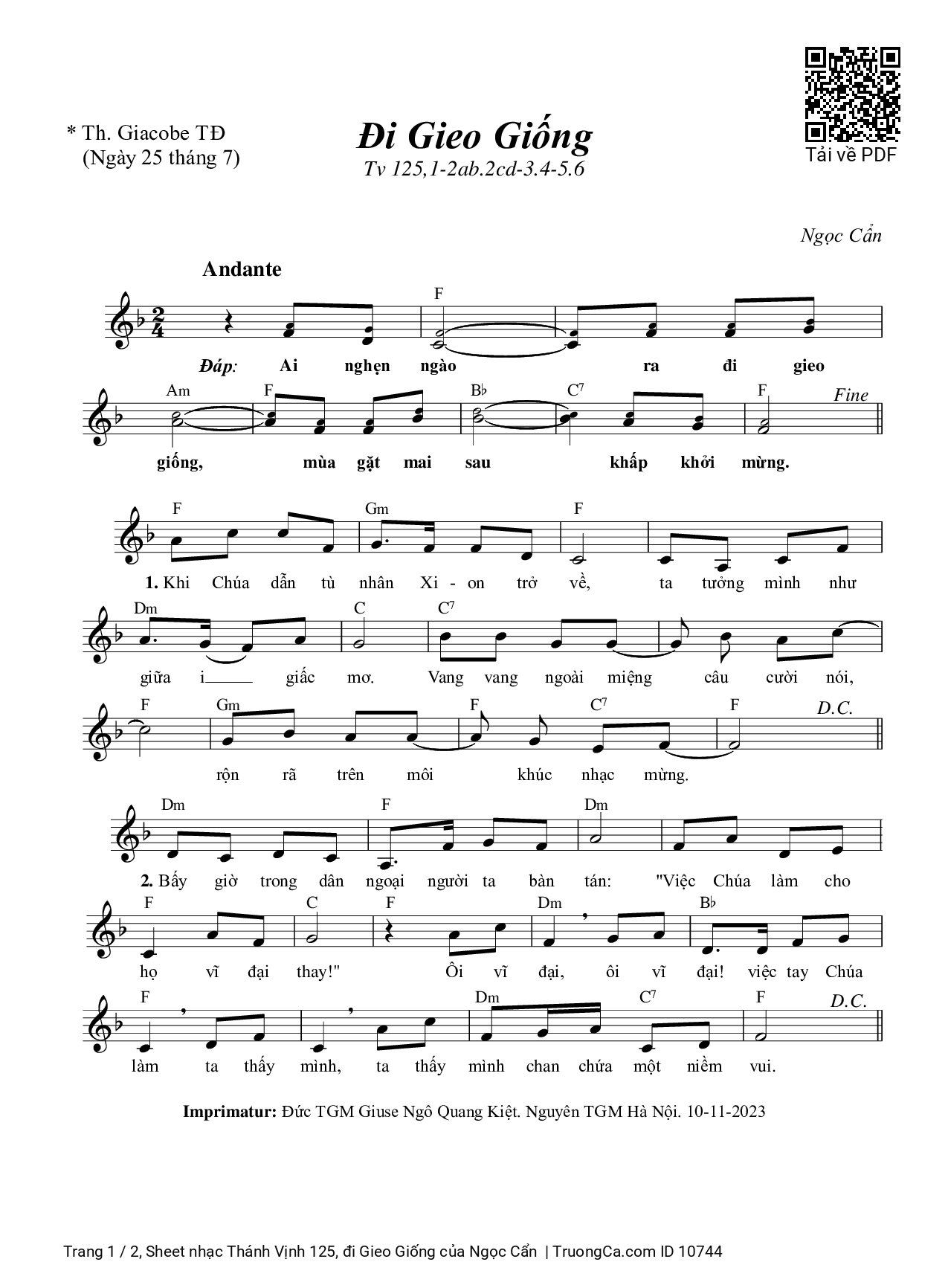 Sheet PDF of Thánh Vịnh 125, đi Gieo Giống