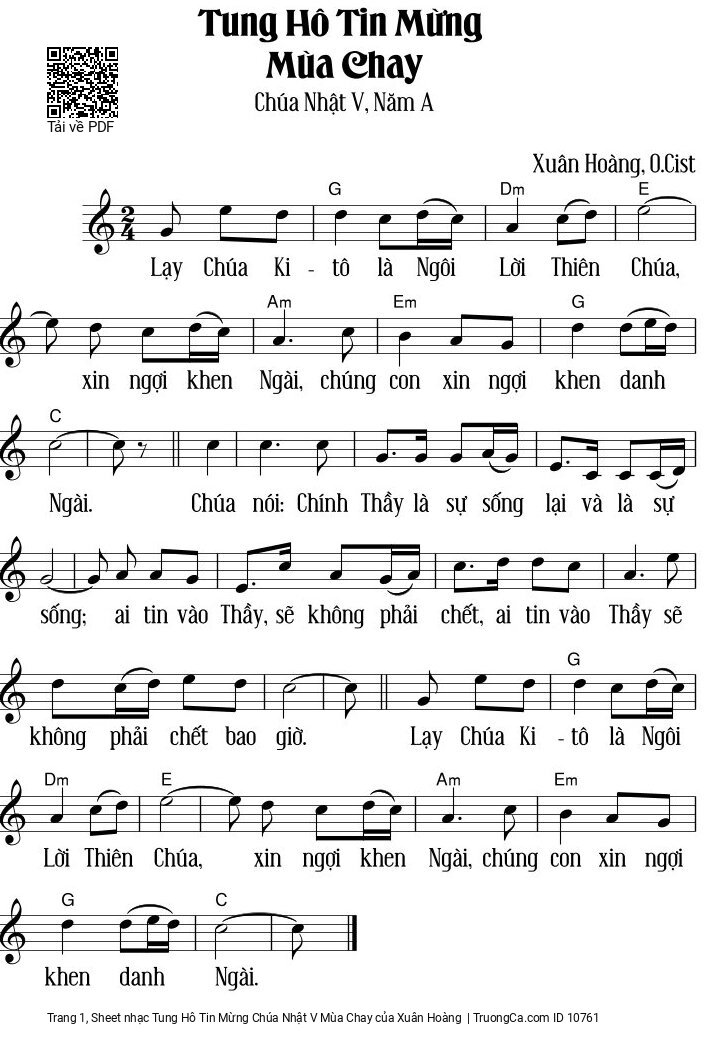 Sheet PDF of Tung Hô Tin Mừng Chúa Nhật V Mùa Chay