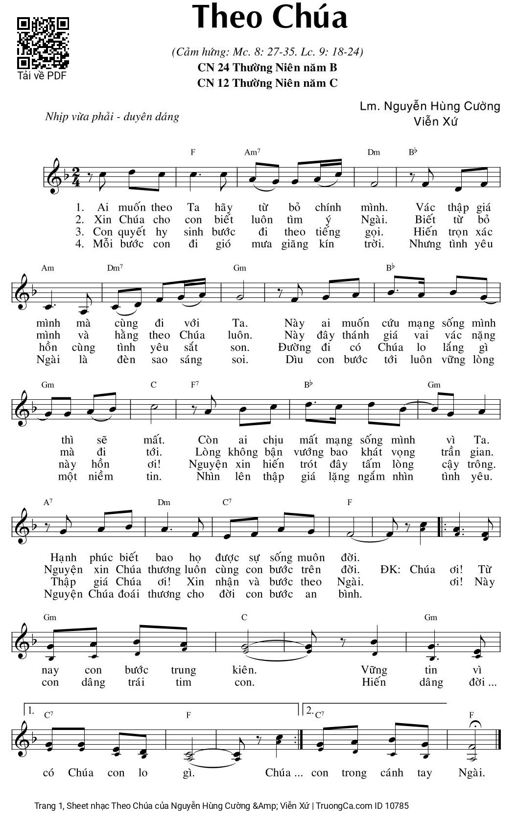 Sheet PDF of Theo Chúa - Nguyễn Hùng Cường & Viễn Xứ