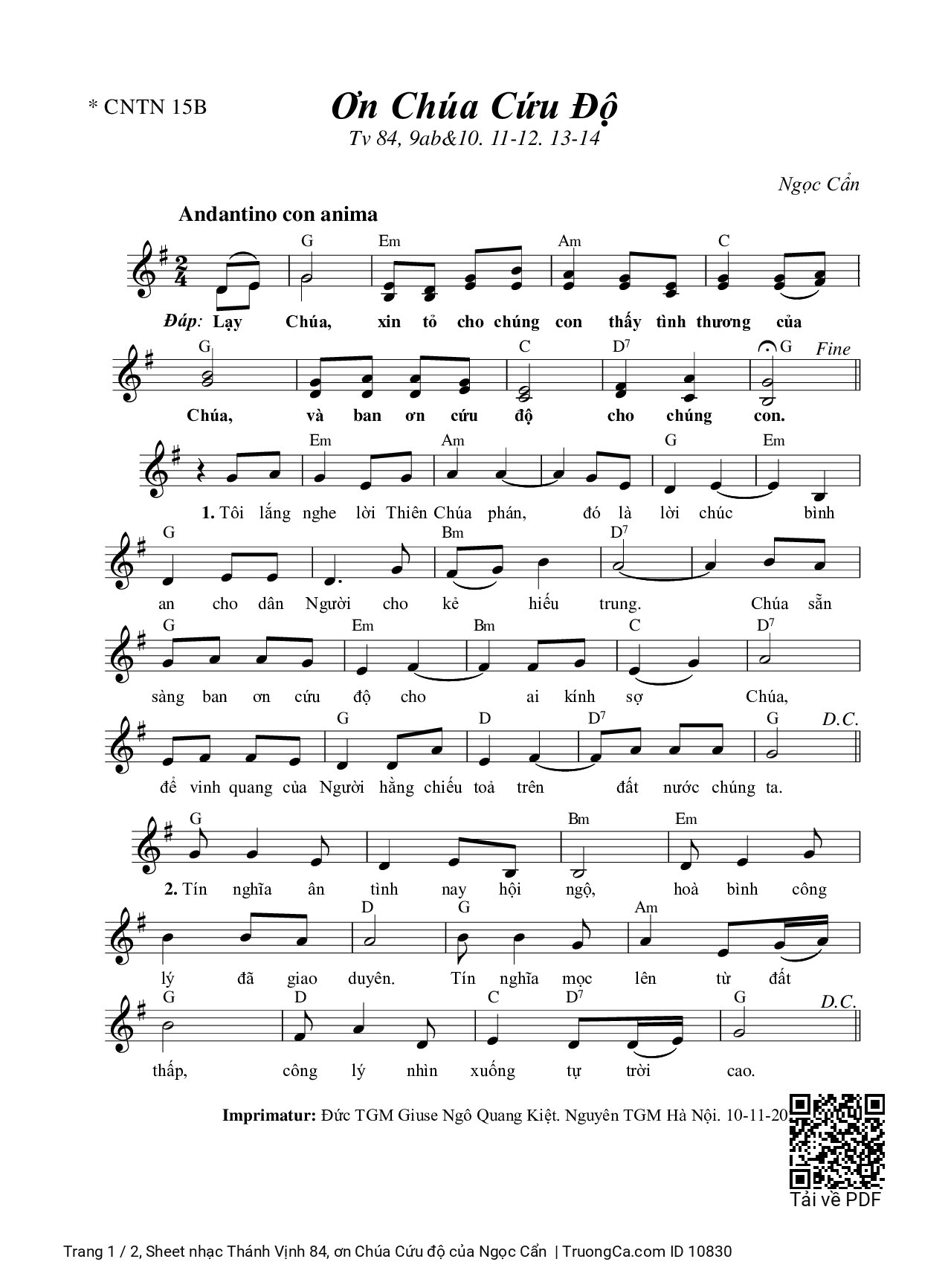 Page 1 of Sheet music PDF Thánh Vịnh 84, ơn Chúa Cứu độ - Ngọc Cẩn