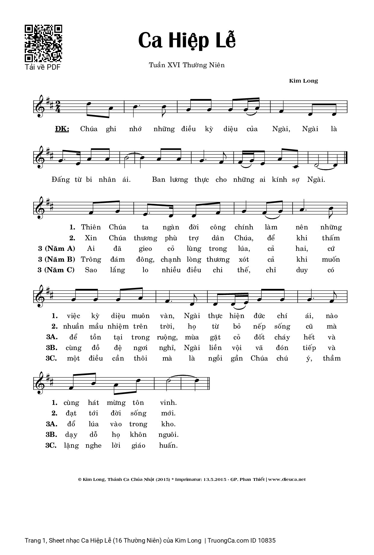 Sheet PDF of Ca Hiệp Lễ (16 Thường Niên)
