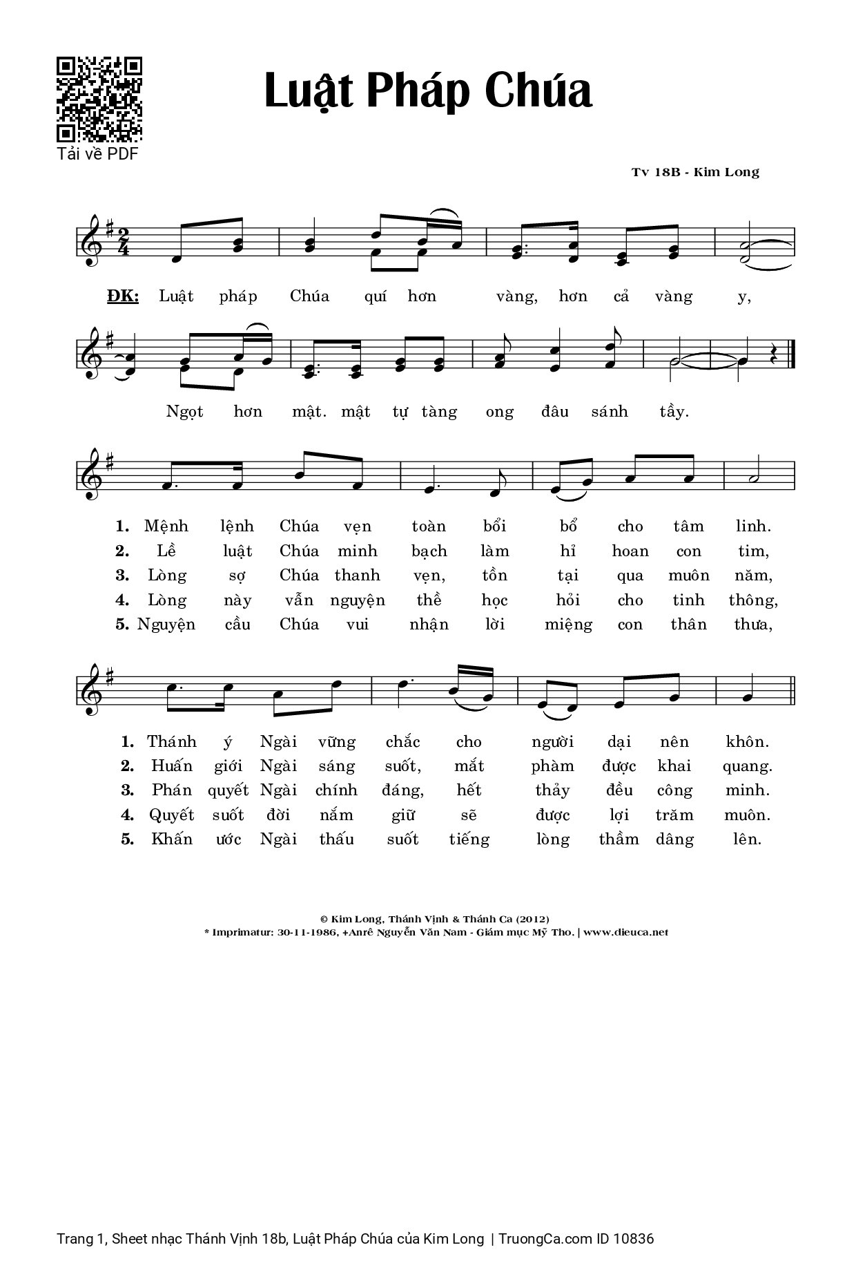 Sheet PDF of Thánh Vịnh 18b, Luật Pháp Chúa