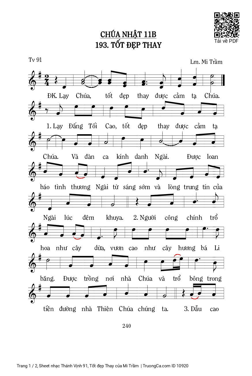 Sheet PDF of Thánh Vịnh 91, Tốt đẹp Thay