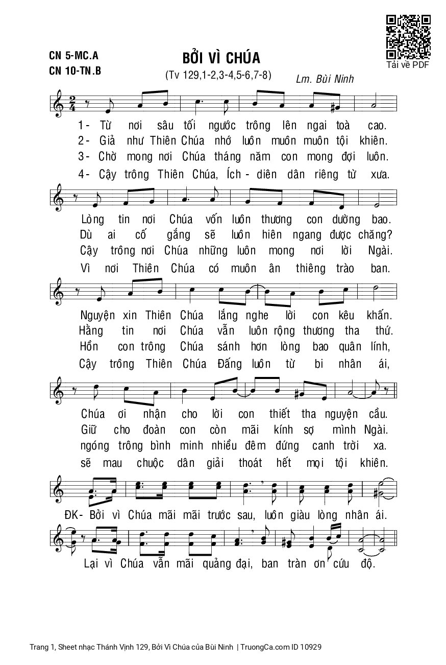 Page 1 of Sheet music PDF Thánh Vịnh 129, Bởi Vì Chúa - Bùi Ninh