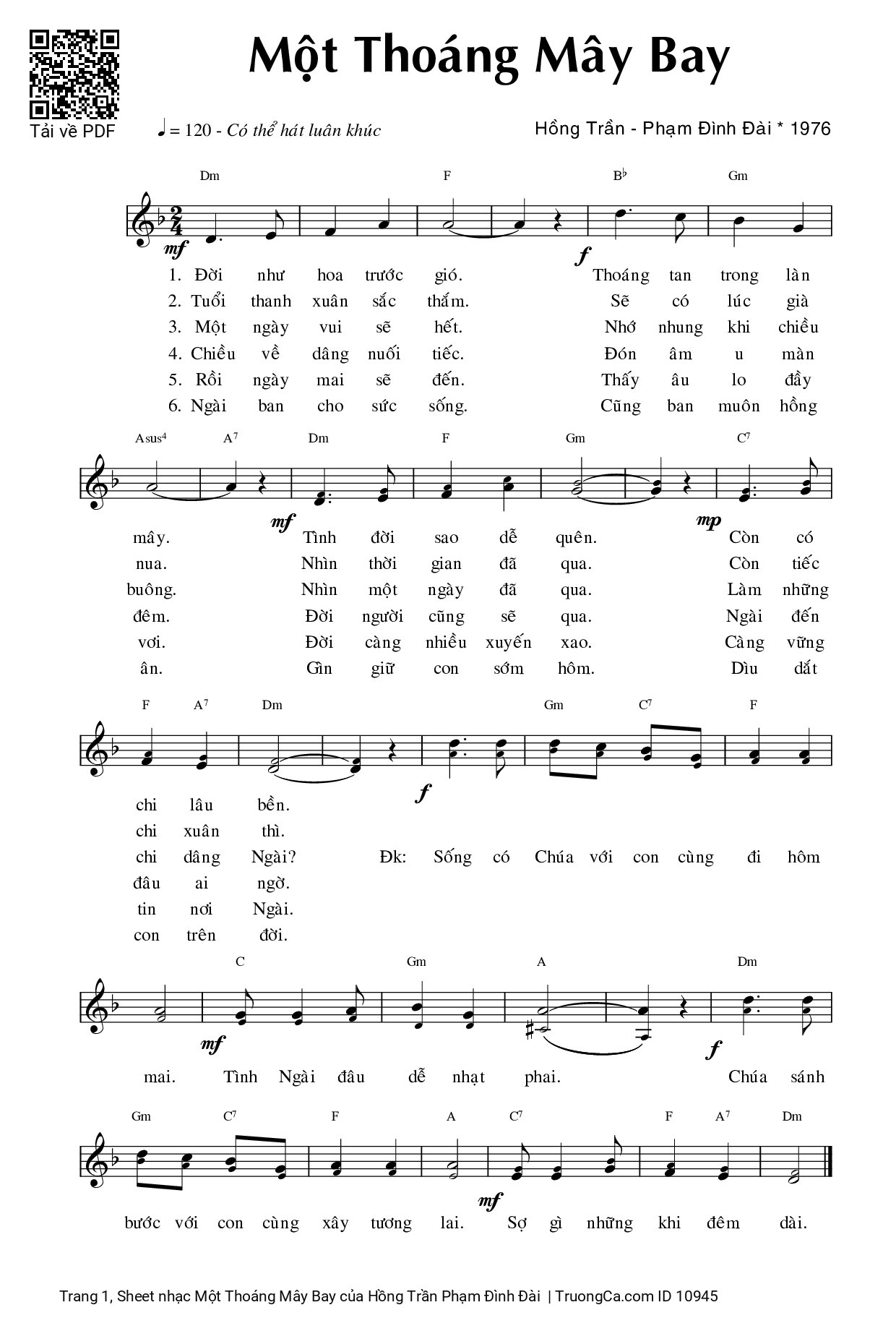 Sheet PDF of Một Thoáng Mây Bay