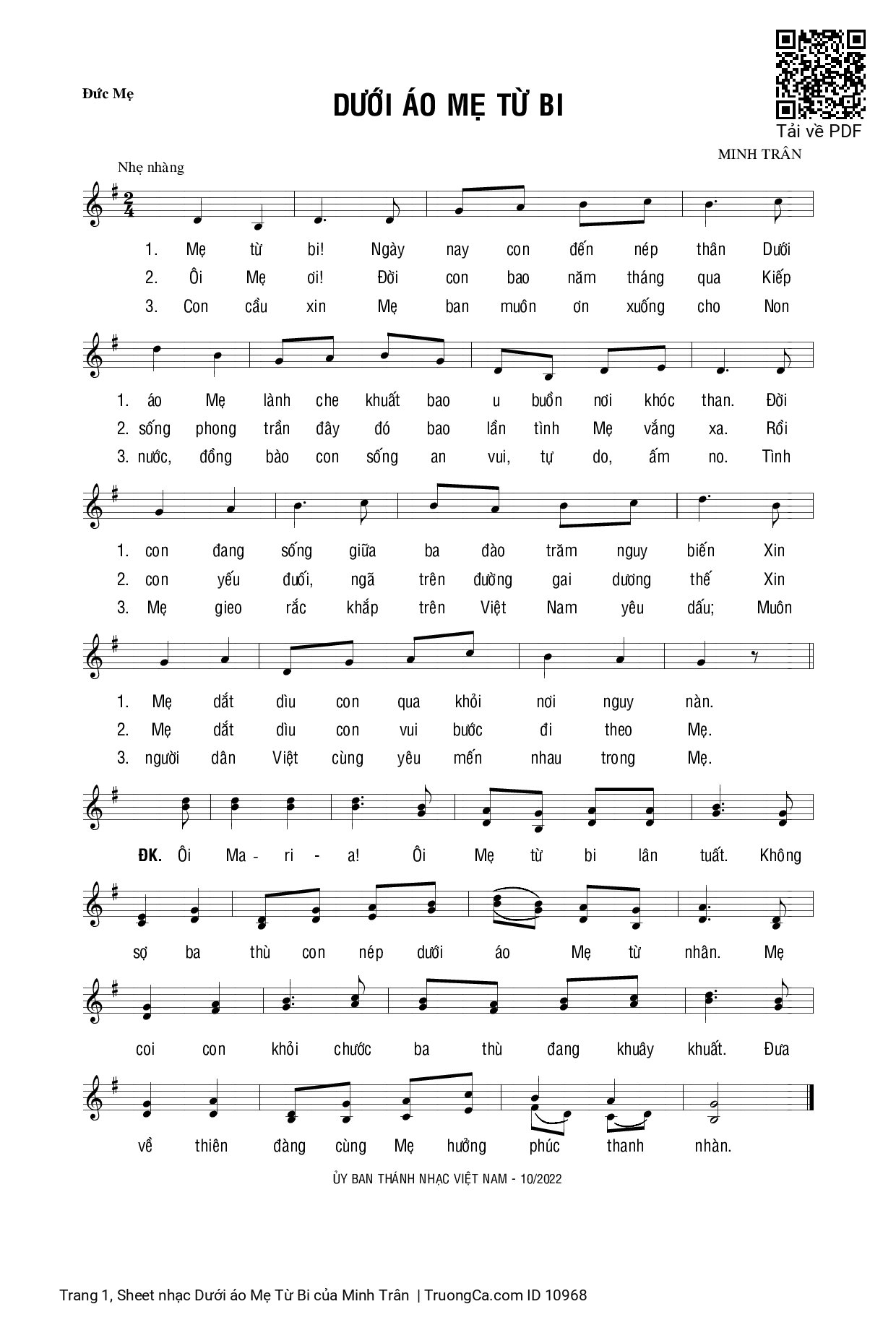 Page 1 of Sheet music PDF Dưới áo Mẹ Từ Bi - Minh Trân