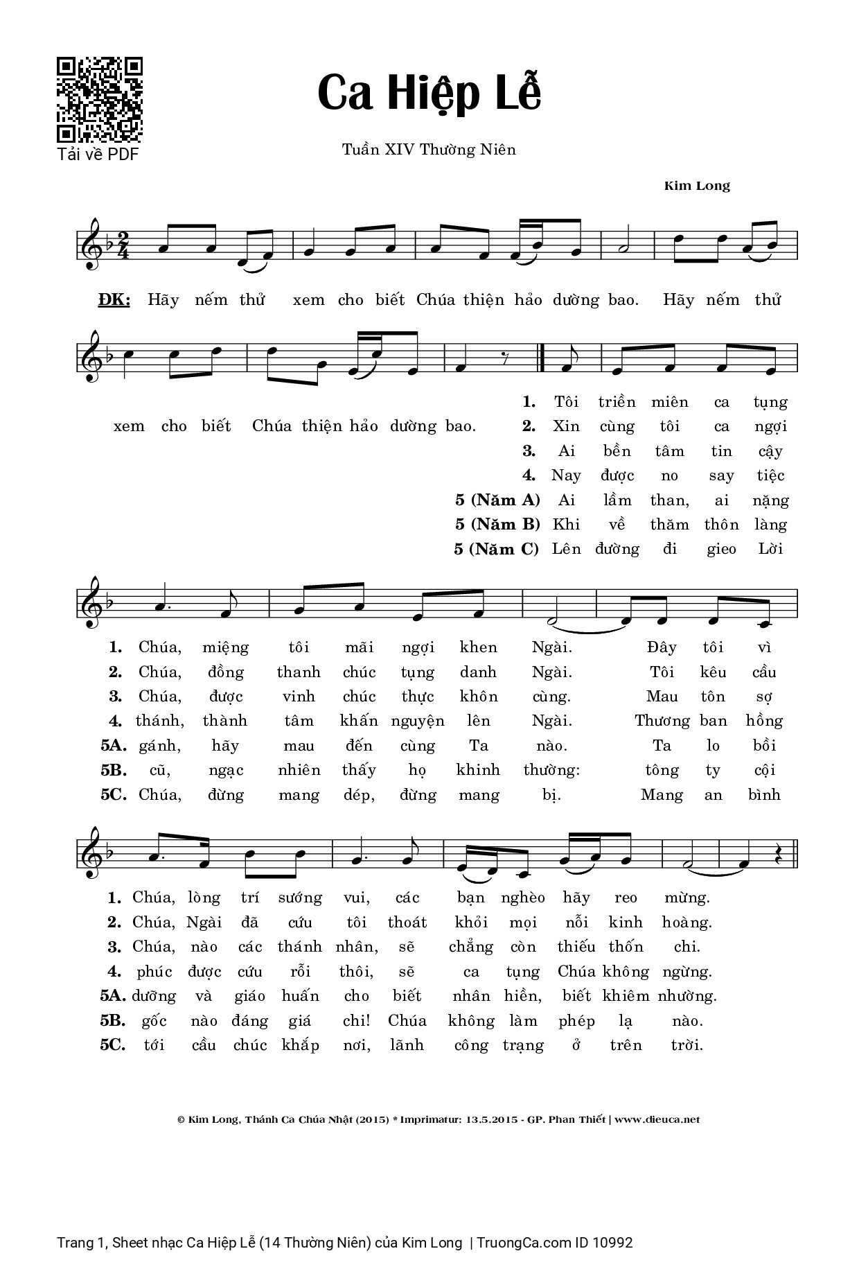 Page 1 of Sheet music PDF Ca Hiệp Lễ (14 Thường Niên) - Kim Long
