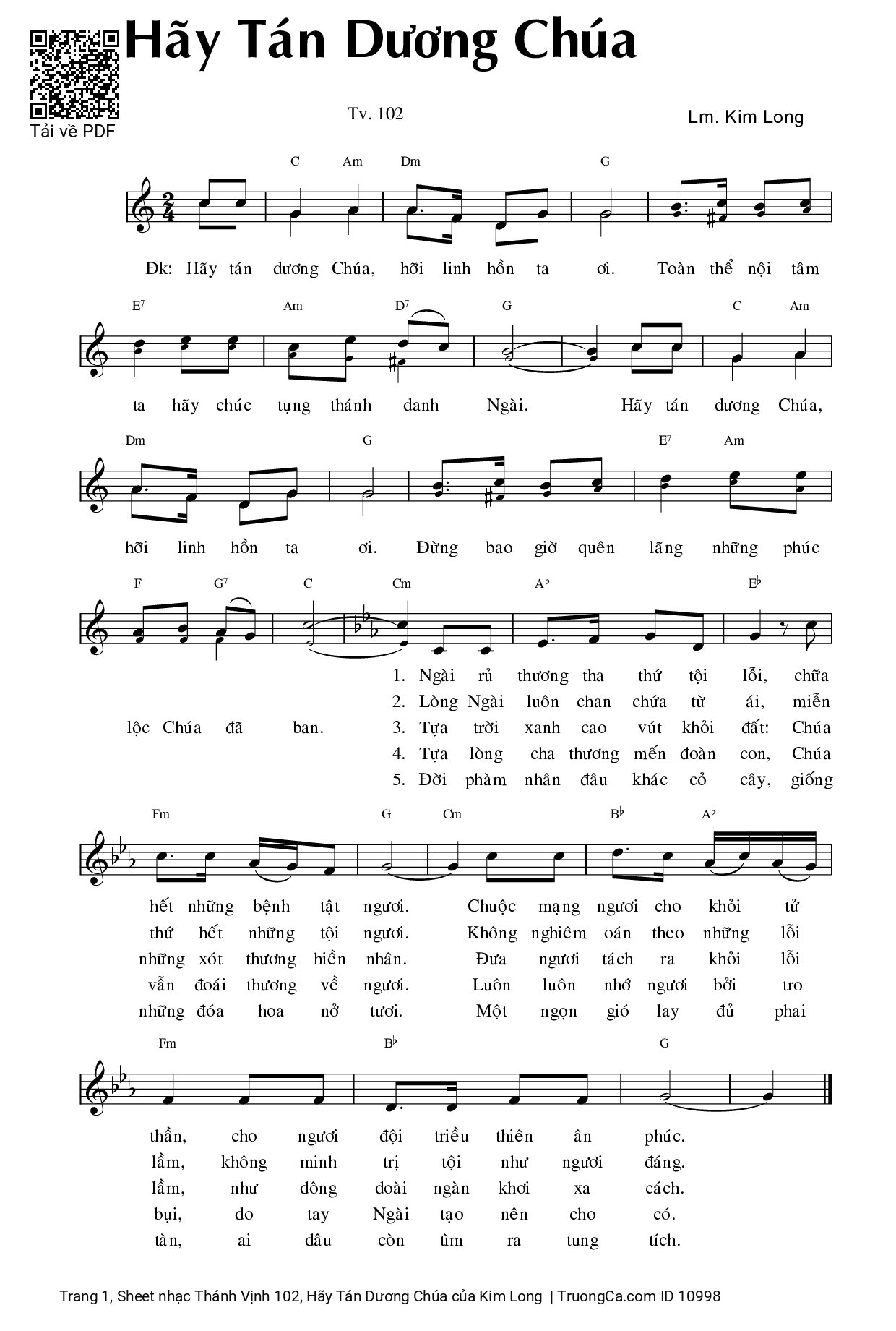 Sheet PDF of Thánh Vịnh 102, Hãy Tán Dương Chúa