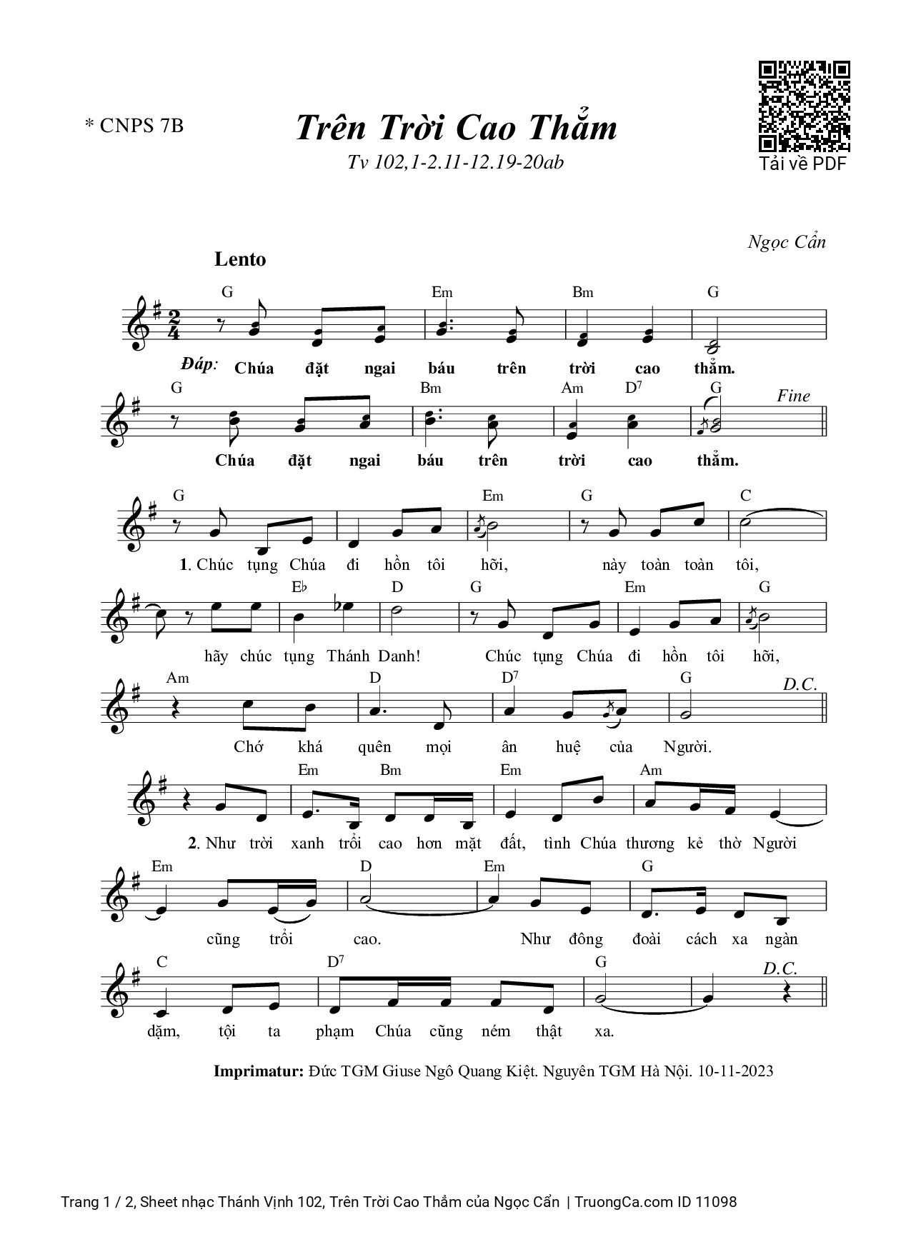 Sheet PDF of Thánh Vịnh 102, Trên Trời Cao Thẳm