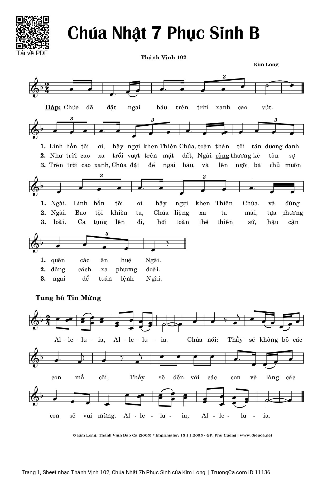 Sheet PDF of Thánh Vịnh 102, Chúa Nhật 7b Phục Sinh