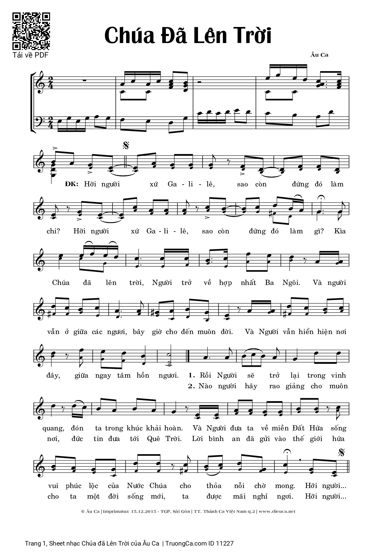 Page 1 of Sheet music PDF Chúa đã Lên Trời - Âu Ca