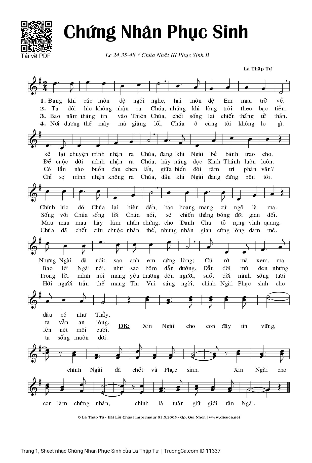 Page 1 of Sheet music PDF Chứng Nhân Phục Sinh - La Thập Tự