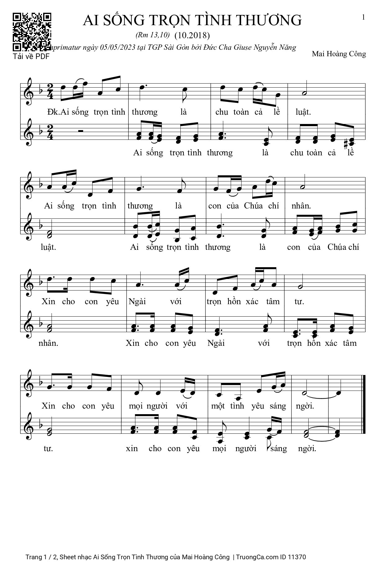 Sheet PDF of Ai Sống Trọn Tình Thương
