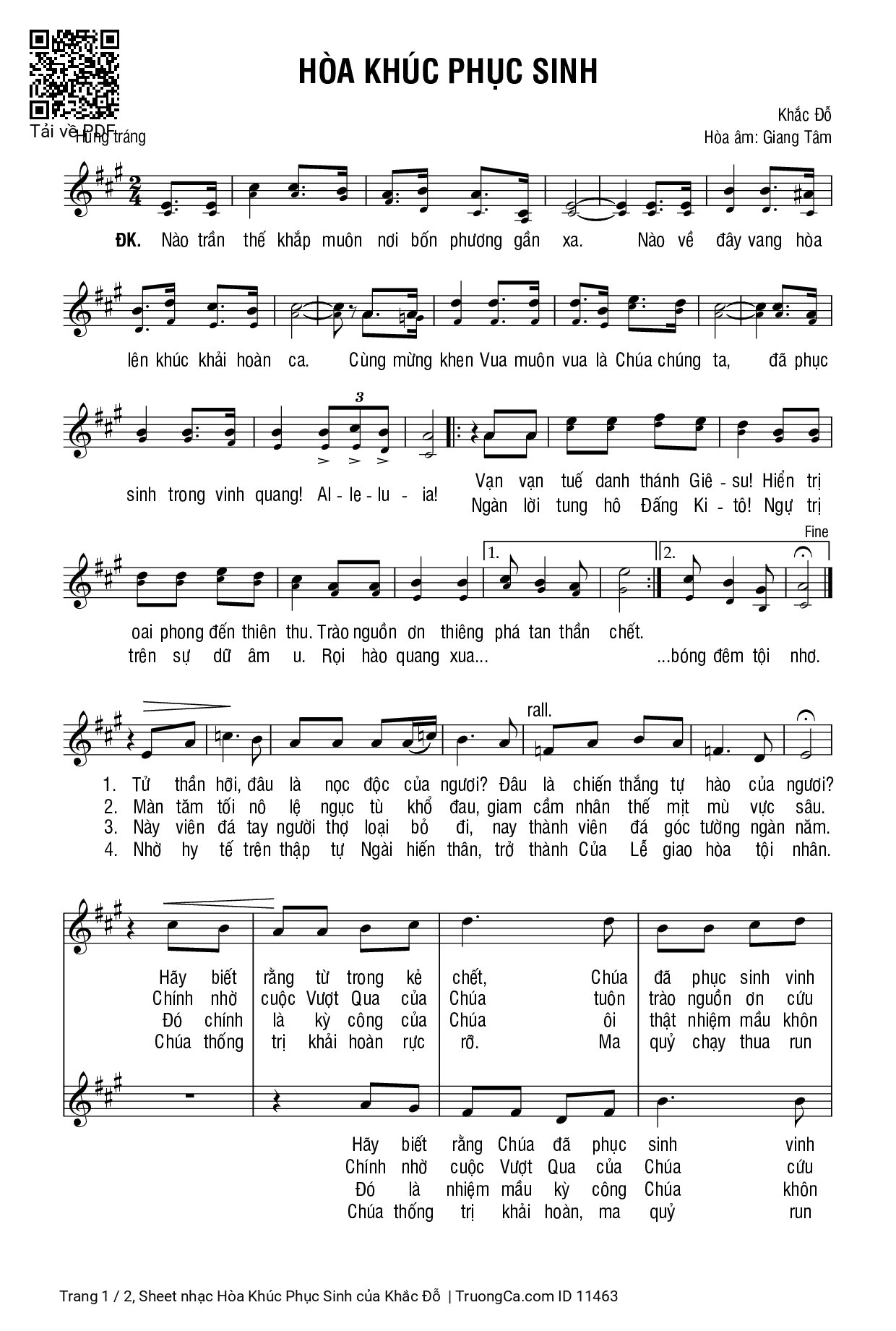 Sheet PDF of Hòa Khúc Phục Sinh