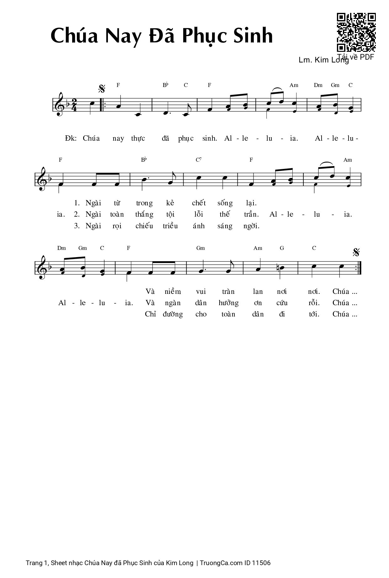 Page 1 of Sheet music PDF Chúa Nay đã Phục Sinh - Kim Long